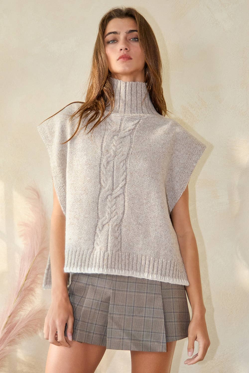 IT2435 Cable Knit Chunky Poncho Sweater Top: TAUPE / S-M-L (2-2-2)