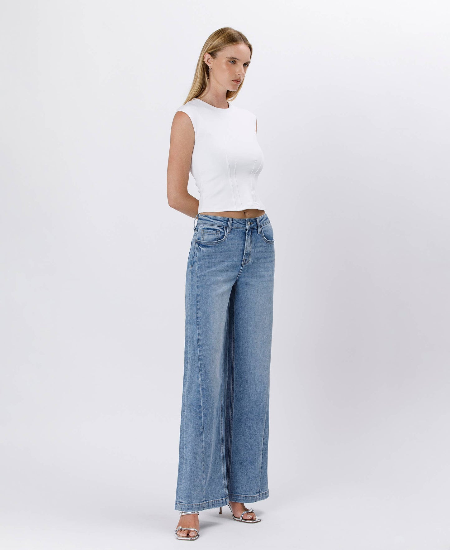 HIGH RISE SEAM DETAIL PALAZZO JEANS V3608: ENTHUSE / 30