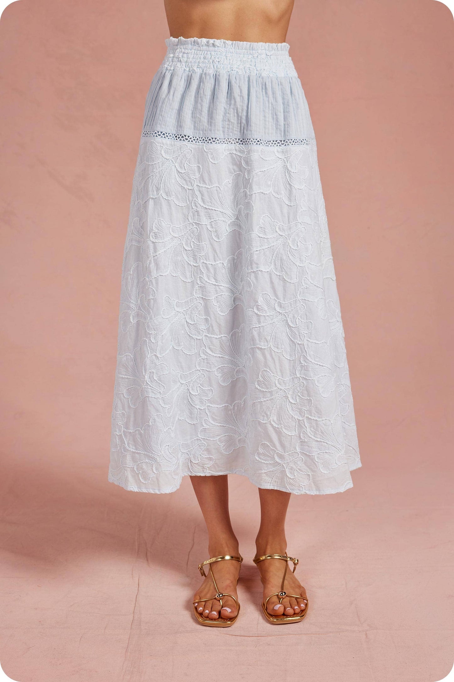 Floral Embroidery Cotton Lace Trim Skirt Top Set: Crystal Blue / M