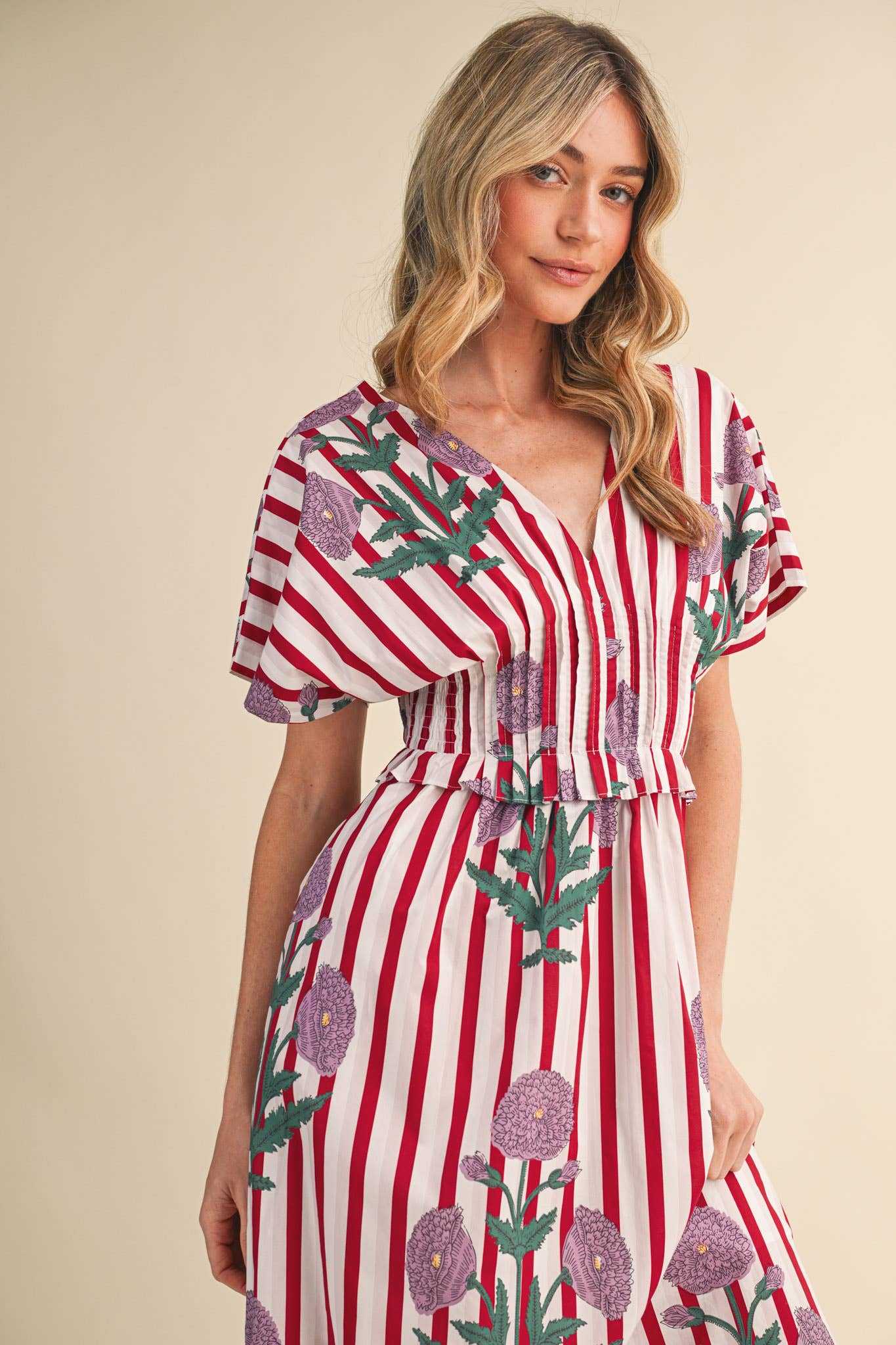 STRIPED FLORAL PIN TUCK WAIST MIDI DRESS MDR4787: BLUE FLORAL STRIPE / L