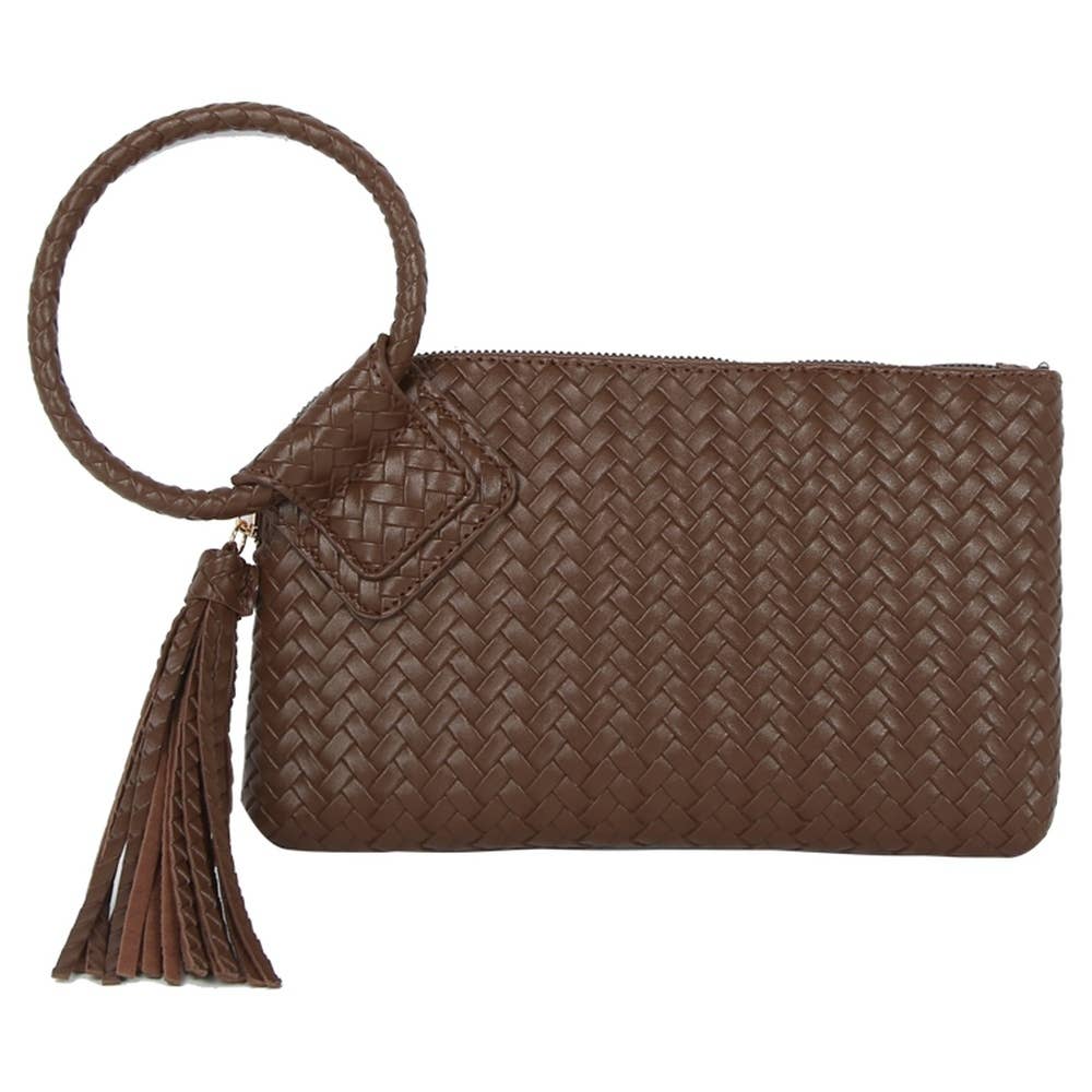 Faux Leather Woven Fringe Cuff Handle Clutch Bag: TN