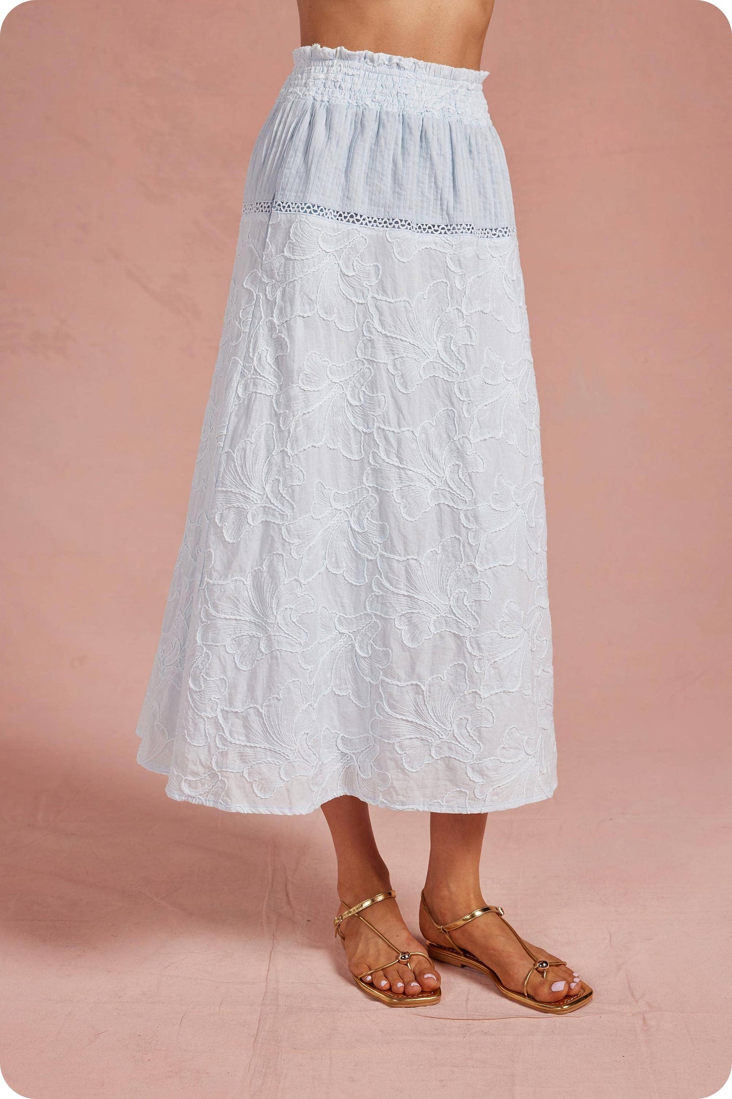 Floral Embroidery Cotton Lace Trim Skirt Top Set: Crystal Blue / M