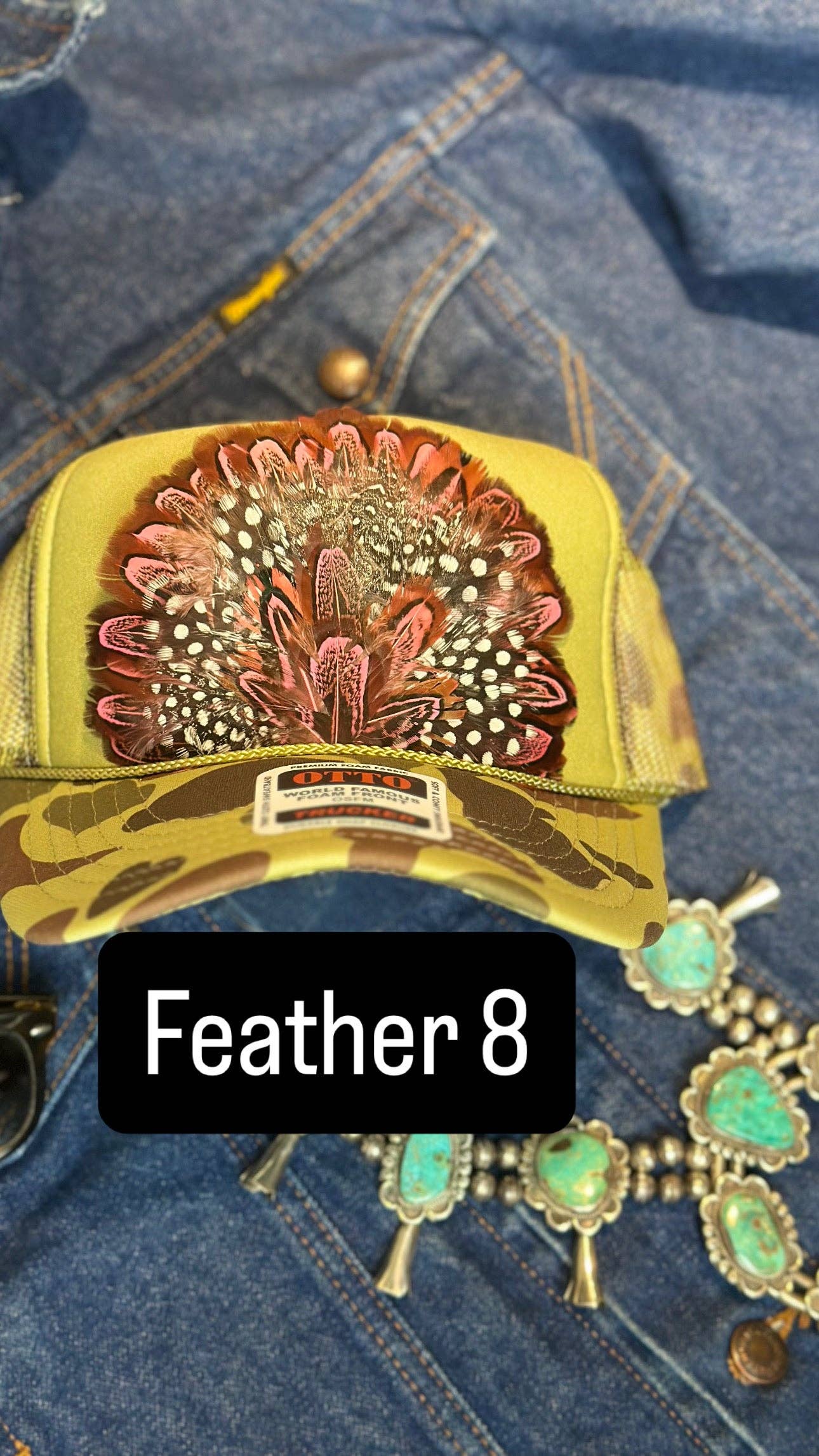 GREEN CAMO CAMOUFLAGE FEATHER TRUCKER HAT: With Faux Turquoise / Feather 8