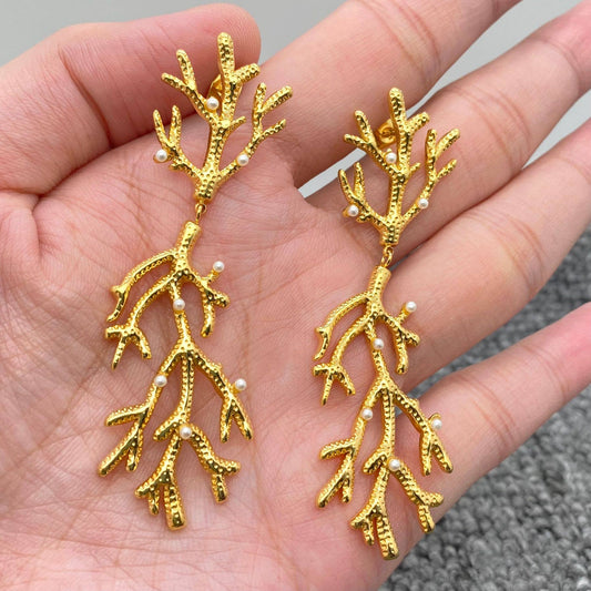 Inlaid Pearl Coral 18K Gold Plated SS Post Earrings - FGS