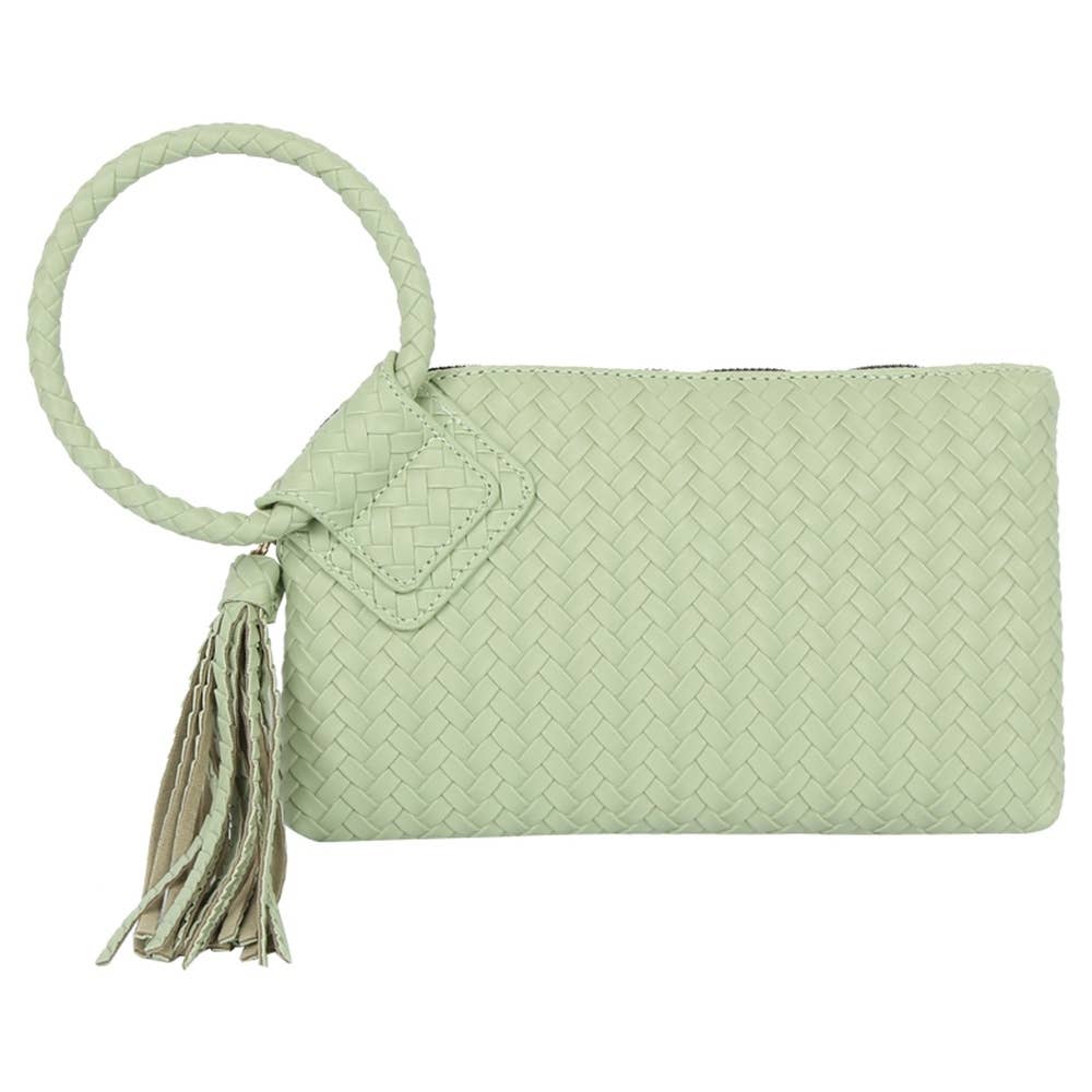Faux Leather Woven Fringe Cuff Handle Clutch Bag: LST