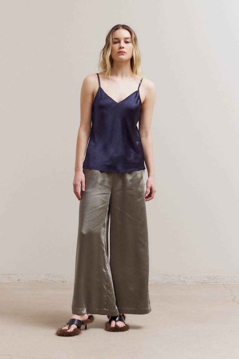 50698 - BANDING WAIST WIDE SATIN PANTS: CREAM / Contemporary / SMALL