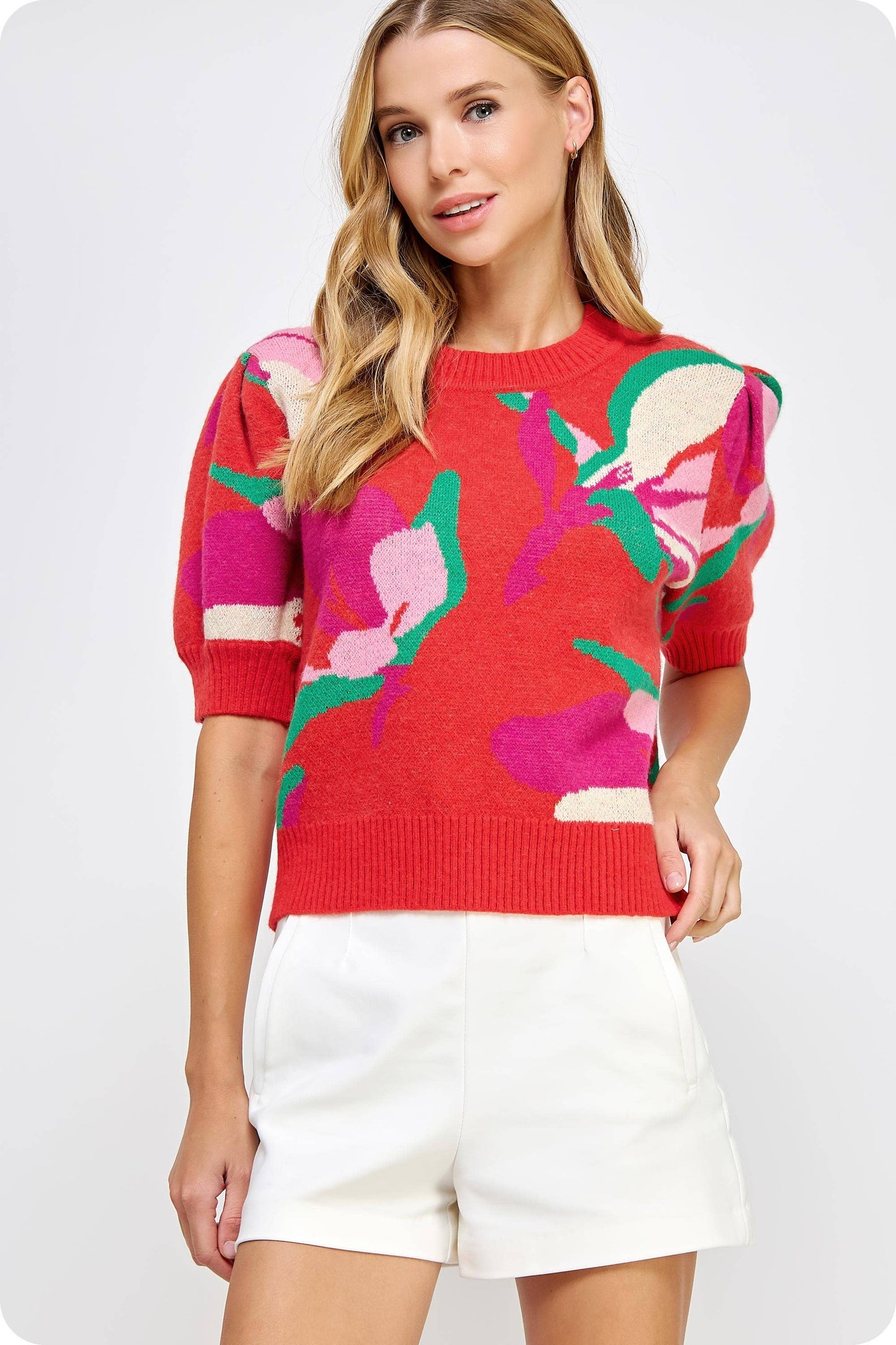 Floral Pattern Short Sleeve Knit Top: Spicy Orange Multi / M