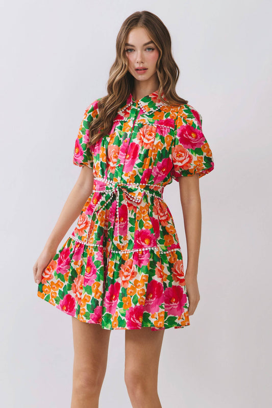 CD07183-Floral Puff Sleeve Button Down Mini Dress: MULTI / S