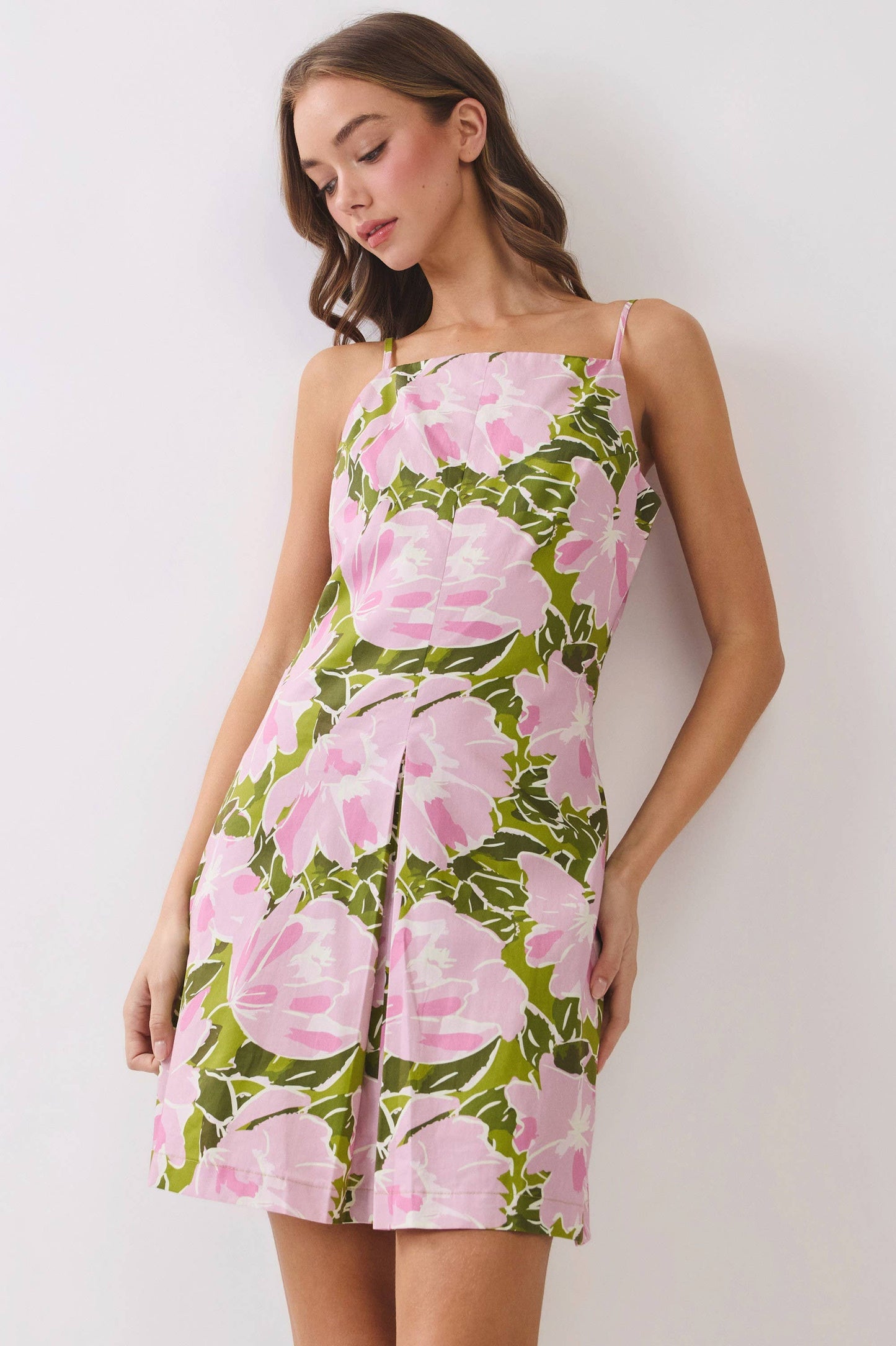 CD07246-Floral Print Square Neck Mini Dress: Green / M