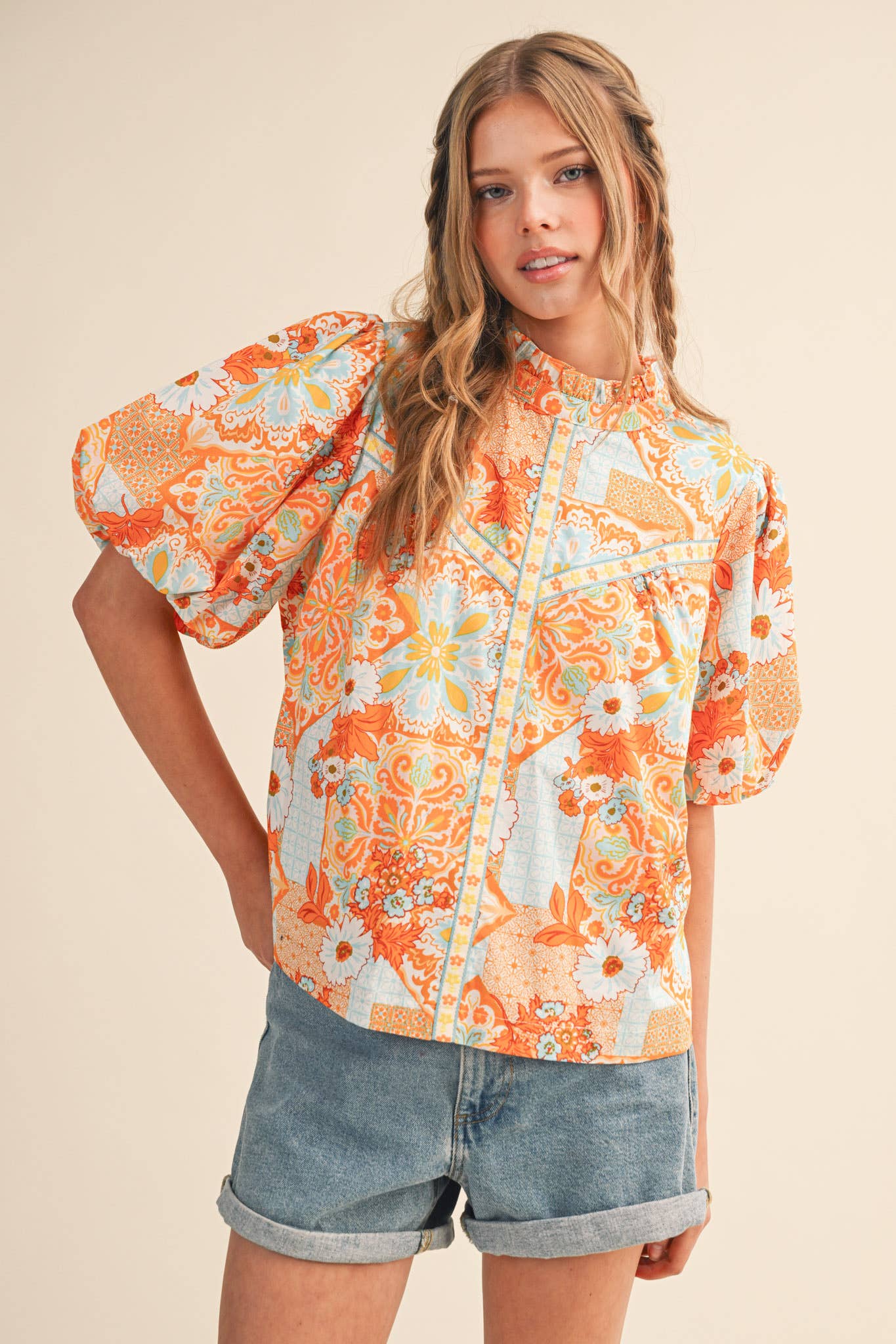 EXCLUSIVE FLORAL PRINT EMBROIDERY TRIM TOP MTP4610: ORANGE MULTI PAISLEY / S