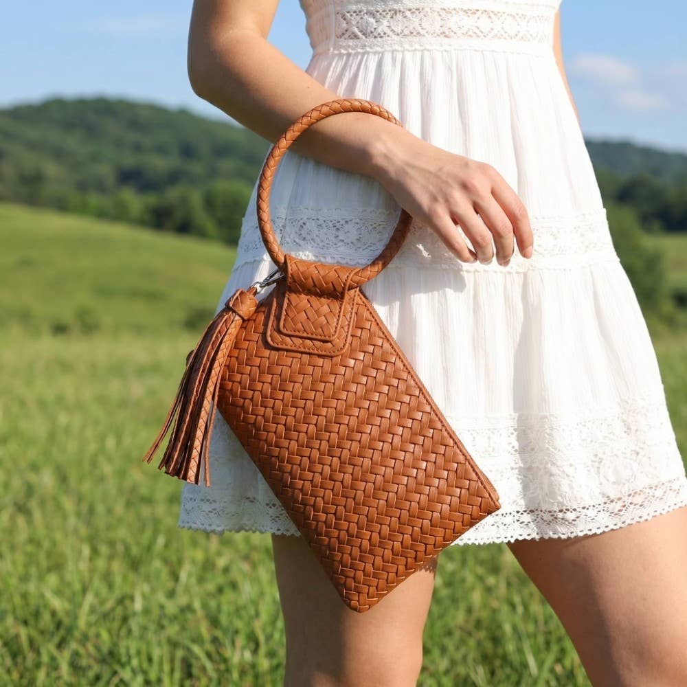 Faux Leather Woven Fringe Cuff Handle Clutch Bag: BK
