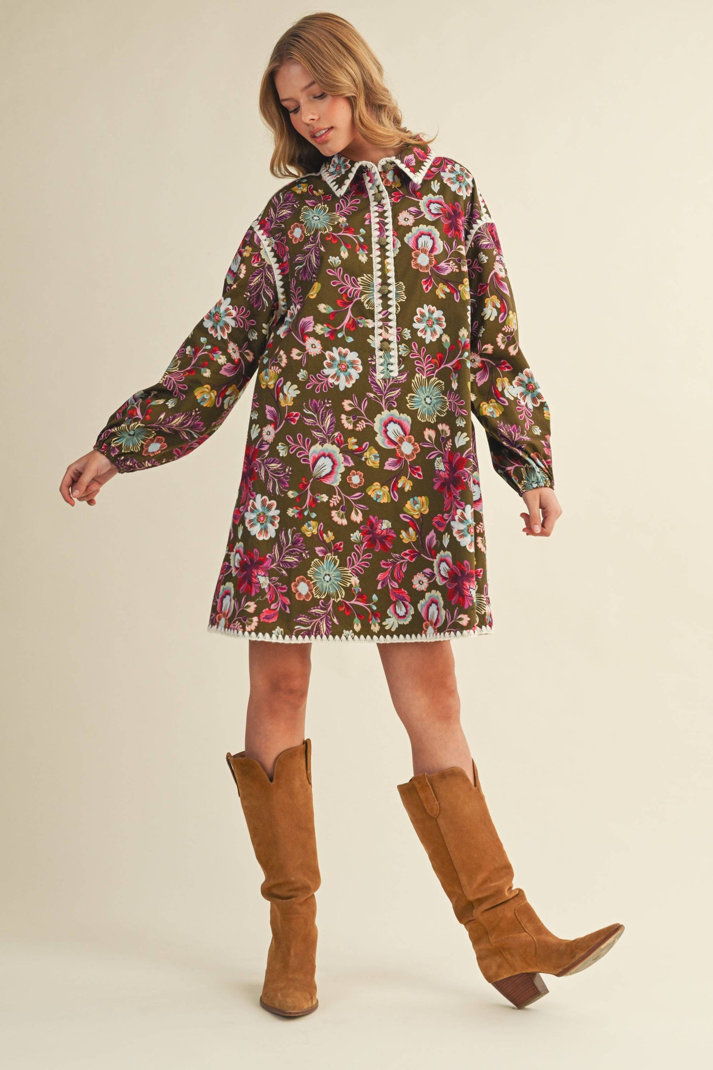 EXCLUSIVE PRINT BLANKET STITCH BUTTONED MINI DRESS MDR4298: Cream Multi / M