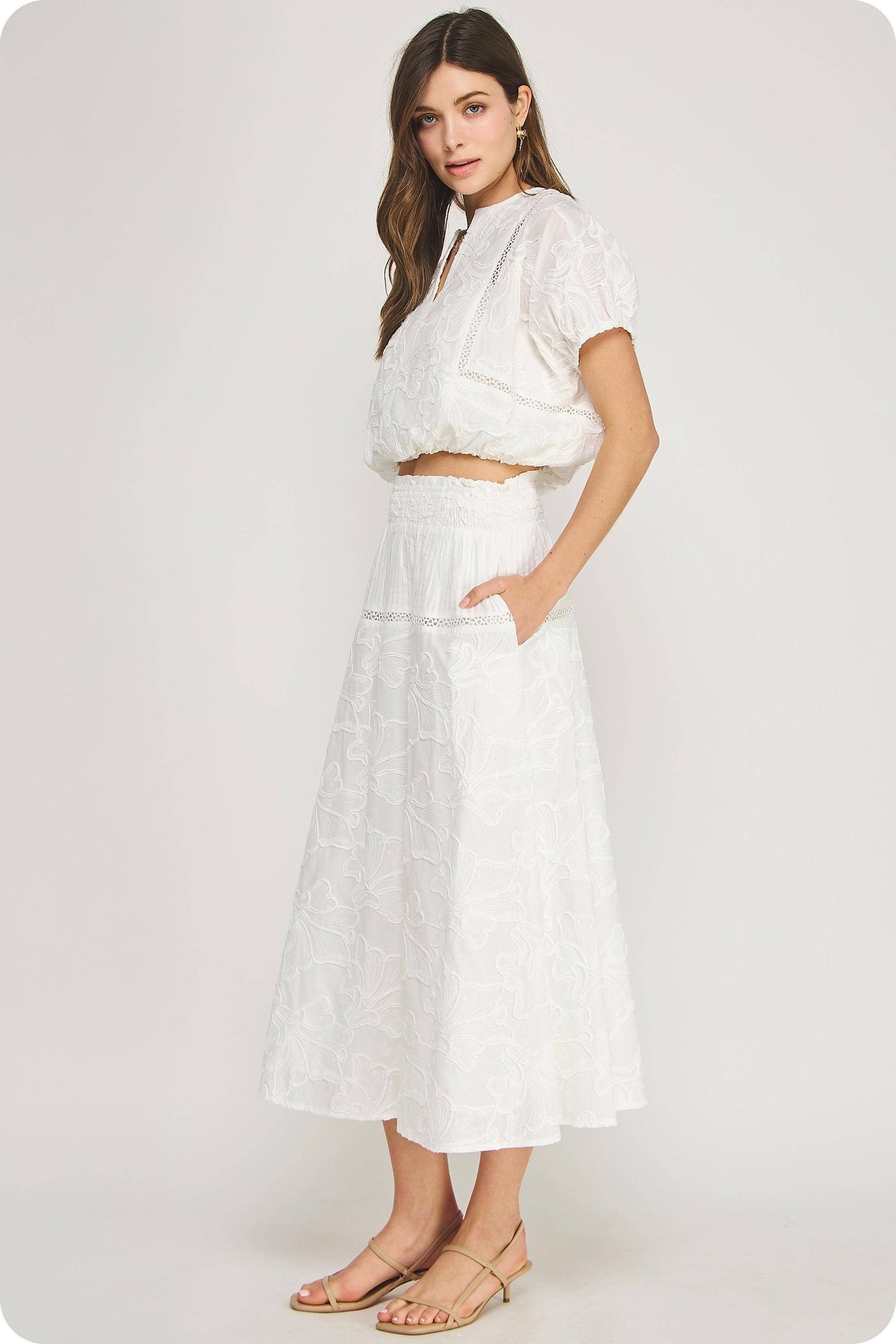 Floral Embroidery Cotton Lace Trim Skirt Top Set: Crystal Blue / M
