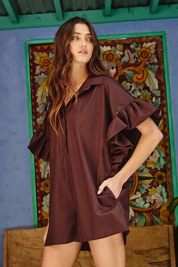 R5280 Ruffled Sleeve Solid Romper: BROWN / S-M-L (2-2-2)