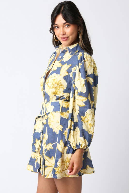 Eve Floral Belted Dress: Denim Gold / S