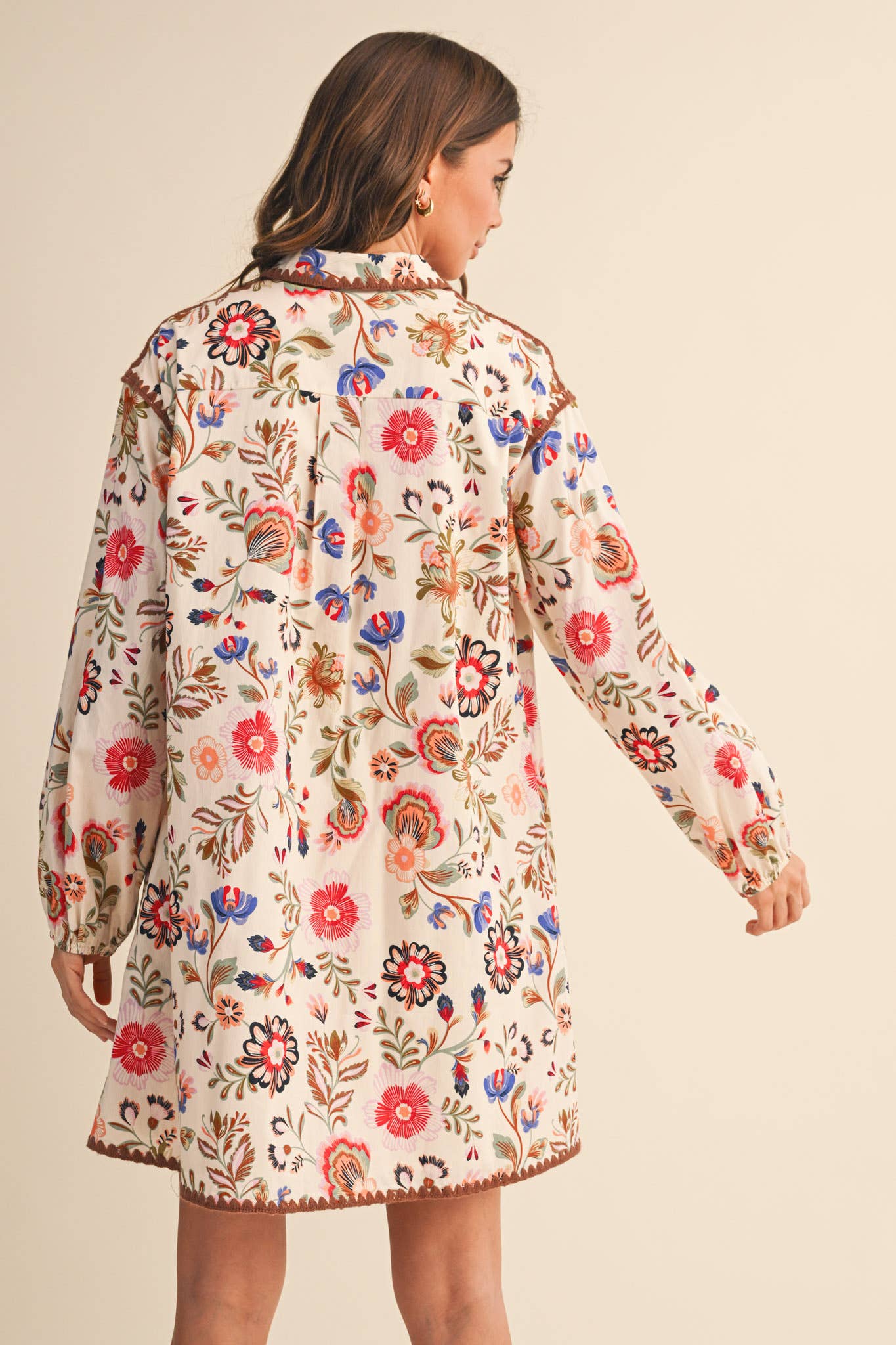 EXCLUSIVE PRINT BLANKET STITCH BUTTONED MINI DRESS MDR4298: Cream Multi / L