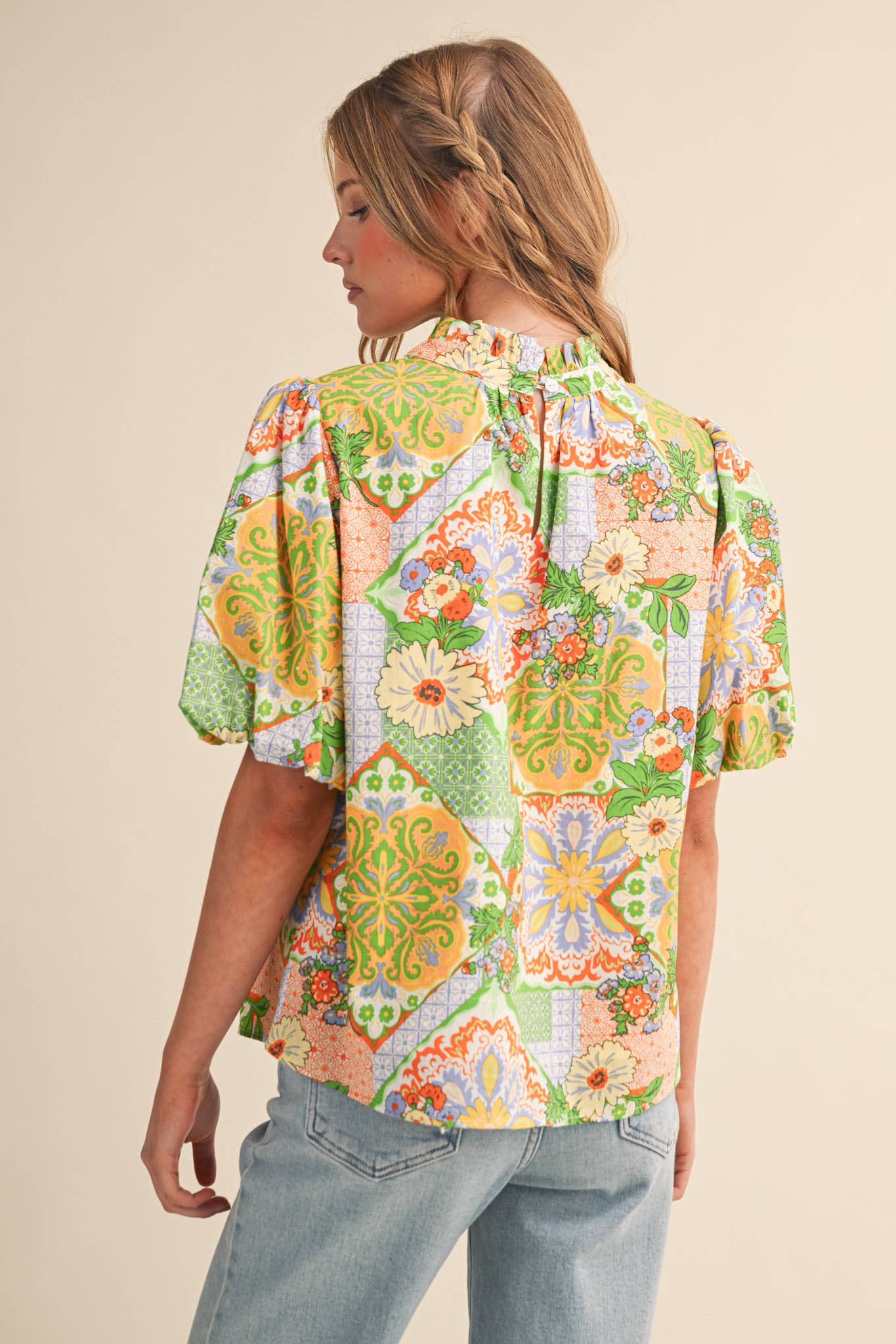 EXCLUSIVE FLORAL PRINT EMBROIDERY TRIM TOP MTP4610: ORANGE MULTI PAISLEY / S
