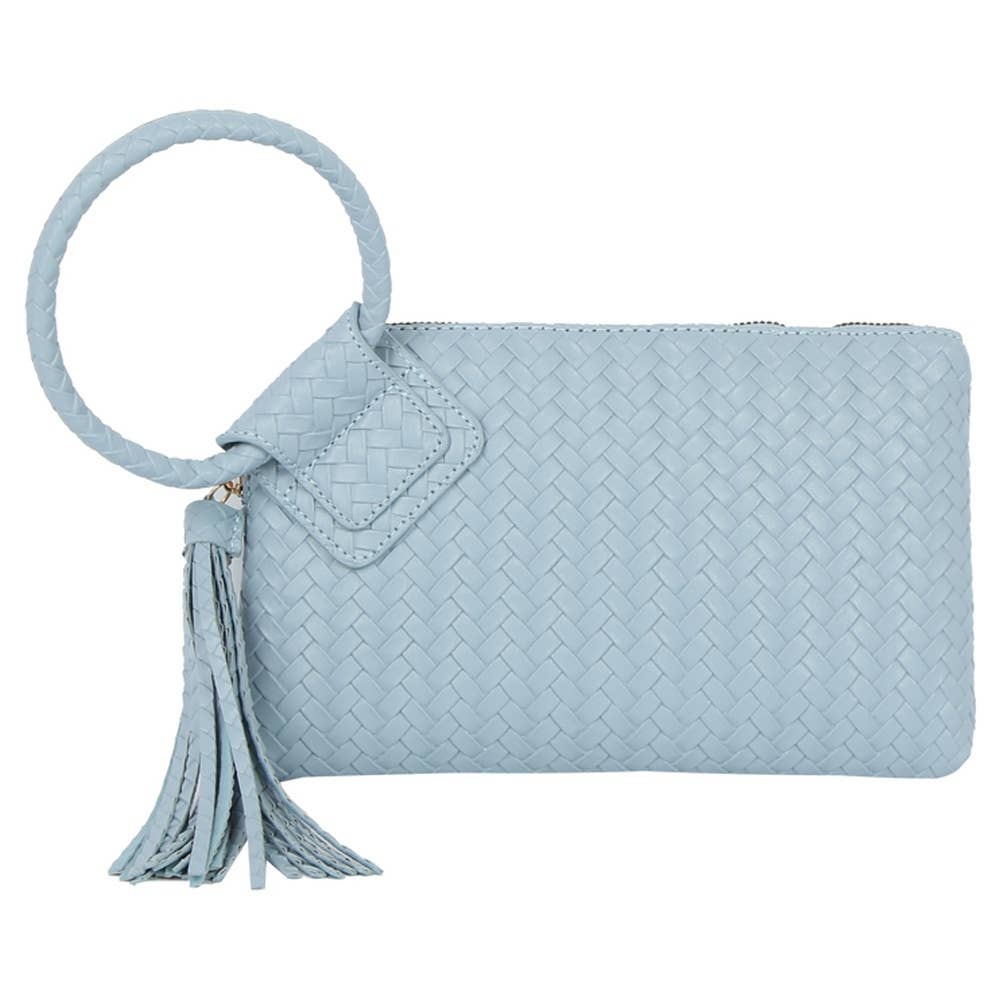Faux Leather Woven Fringe Cuff Handle Clutch Bag: BK