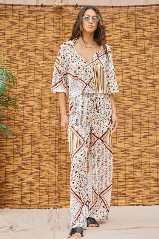 Printed Satin Top And Pants Set: Ivory Multi / M