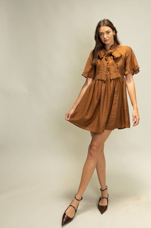 JOD1247 Crinkle Texture Mini Dress with Ruffle Neck Tie: COCOA / S-M-L (2-2-2)