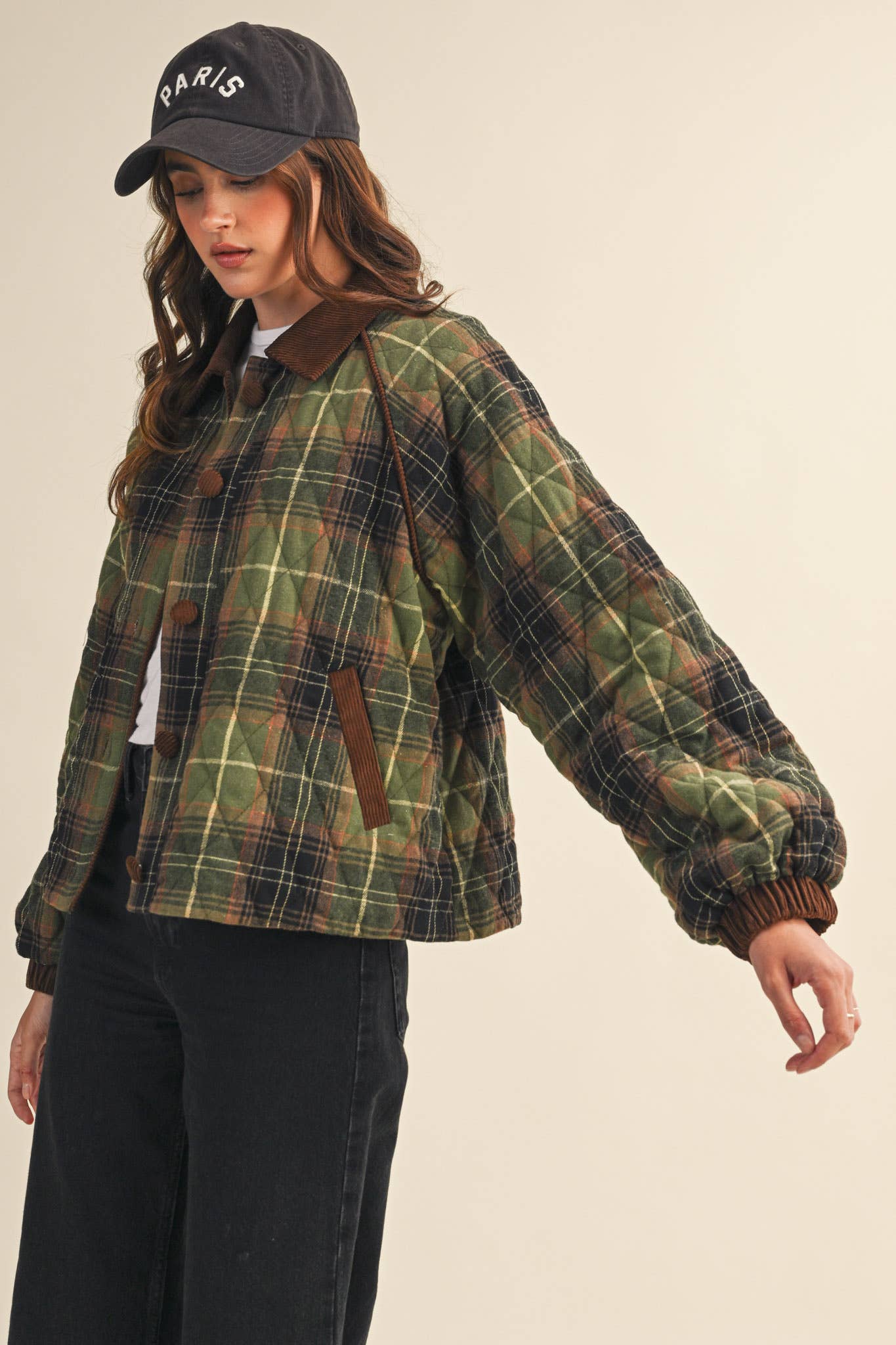 PLAID QUILTED JACKET WITH CONTRAST CORDUROY DETAIL MJK4115: Olive Multi Plaid / M