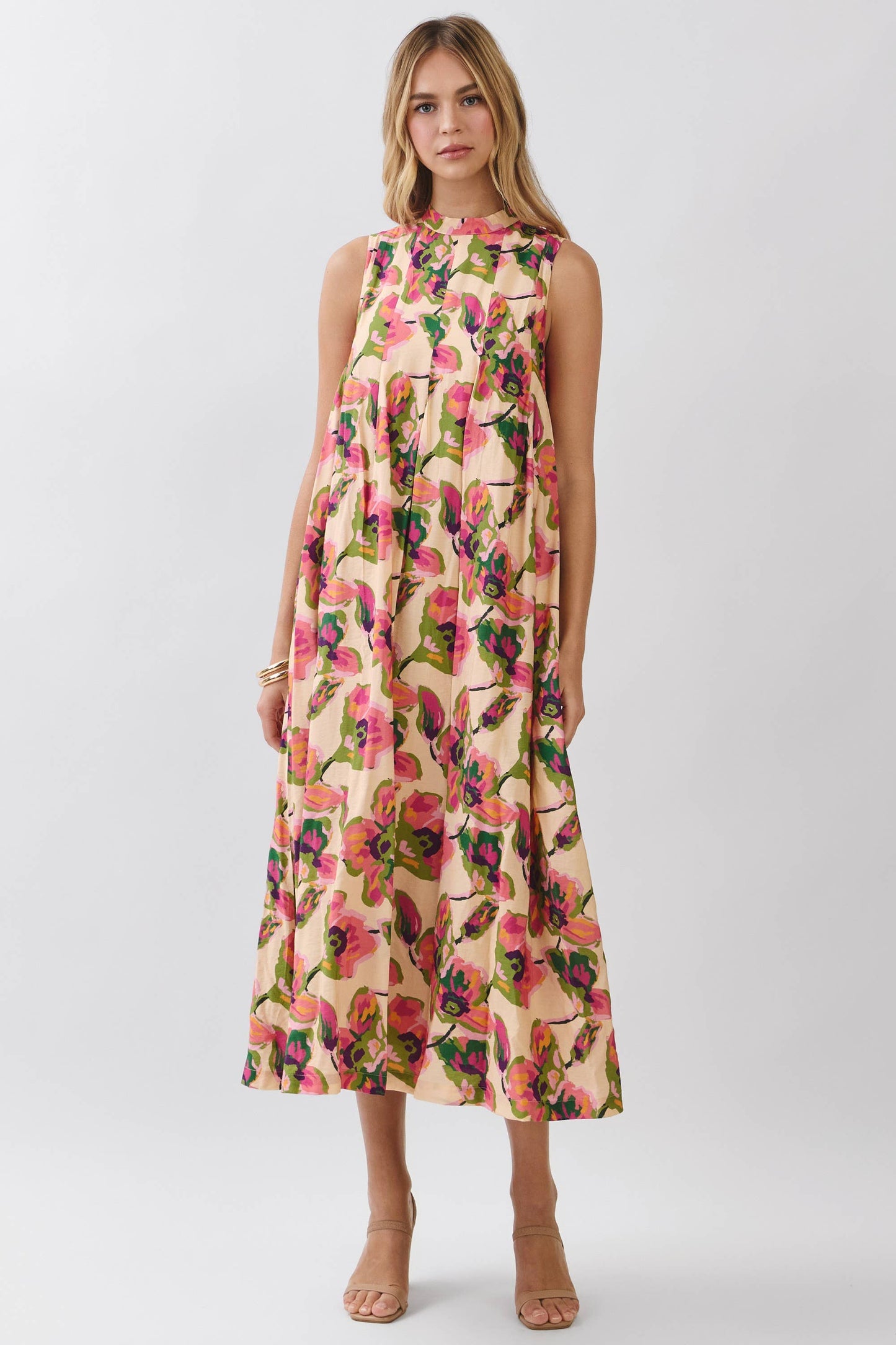 CD07219-Floral Print Sleeveless A Line Maxi Dress: MULTI / S