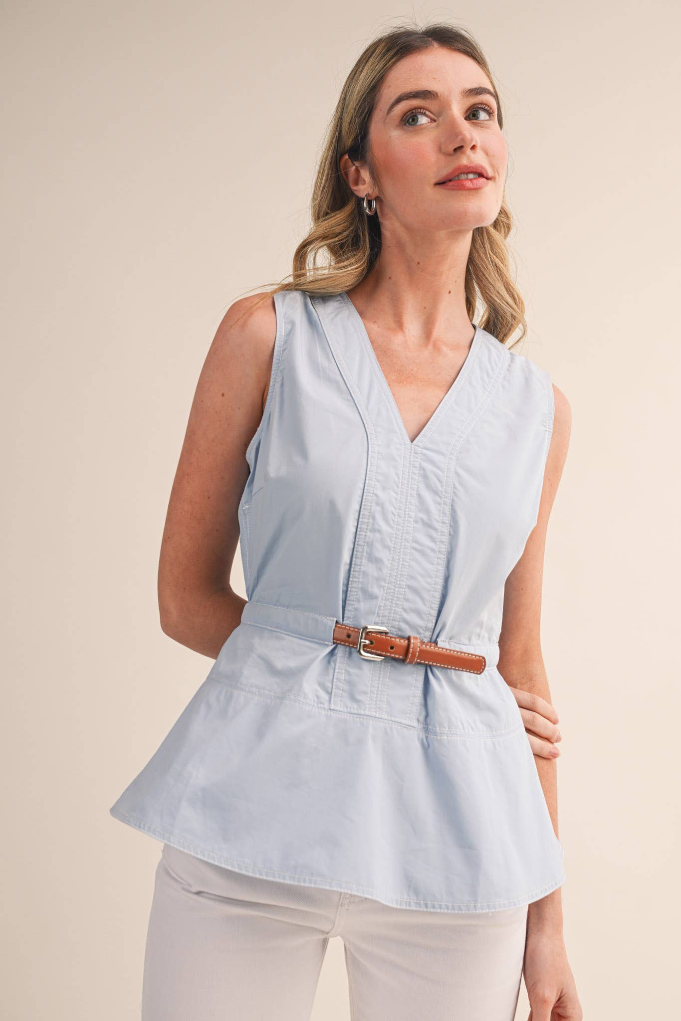 SLEEVELESS BELTED PEPLUM TOP MTP4684: OFF WHITE / S
