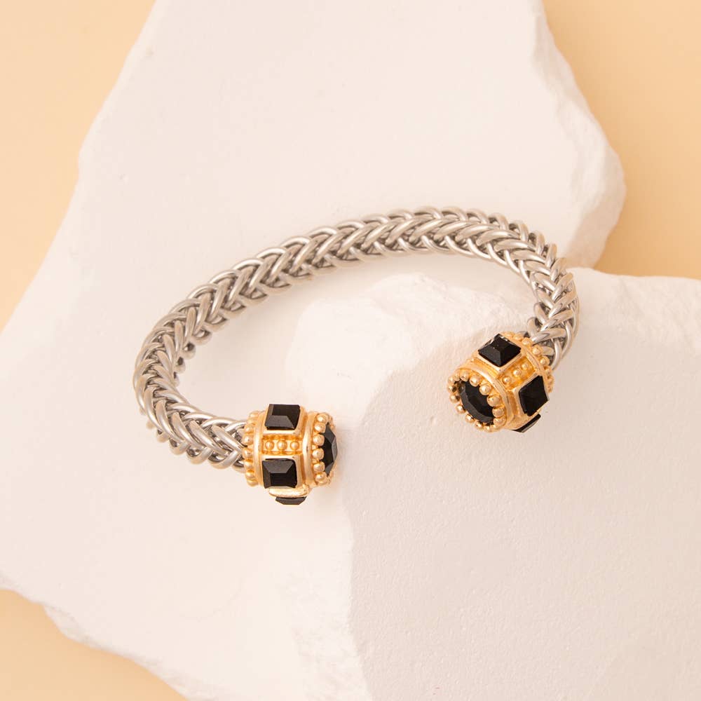 Twisted Metal Cuff Bracelet with Gold Tone Crystal Cap Ends: Gold Clear