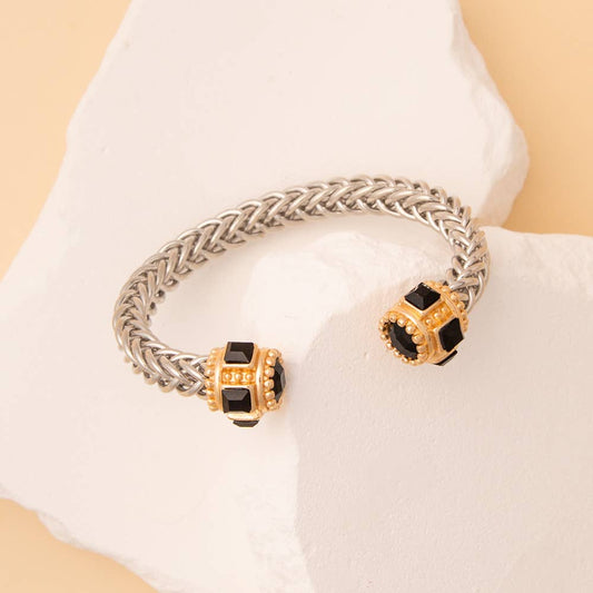 Twisted Metal Cuff Bracelet with Gold Tone Crystal Cap Ends: Black Gold