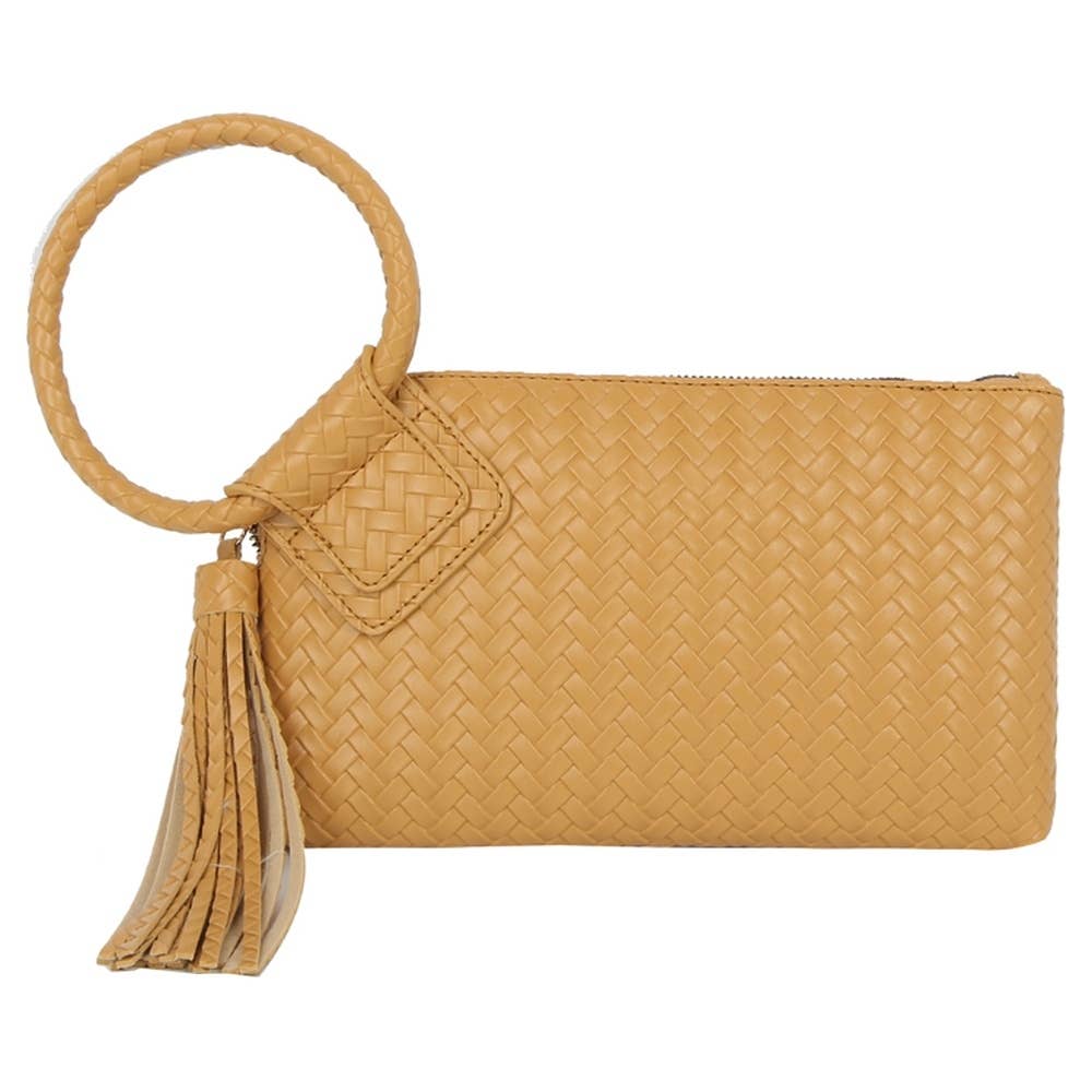 Faux Leather Woven Fringe Cuff Handle Clutch Bag: LST