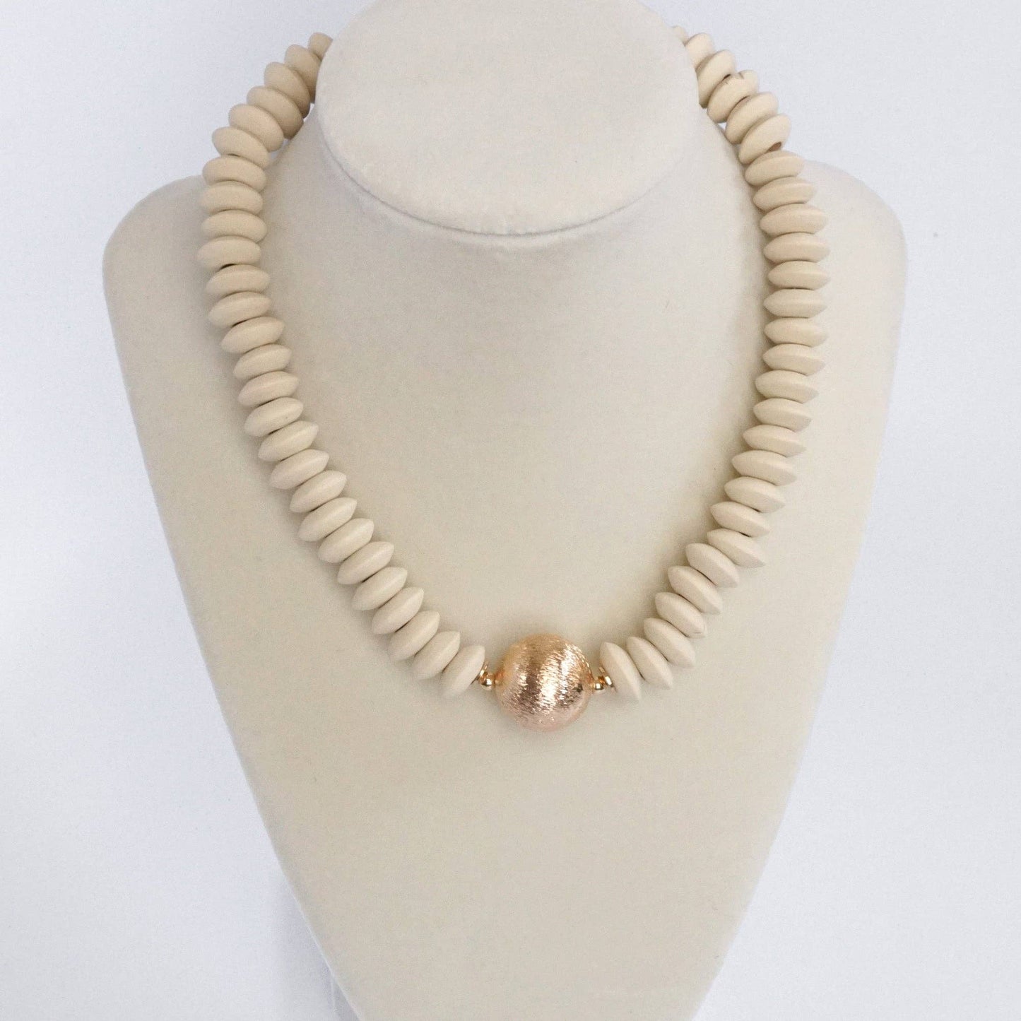 Wood Saucer Beads Short Statement Necklace Gold center Hot Pink Beige: Beige