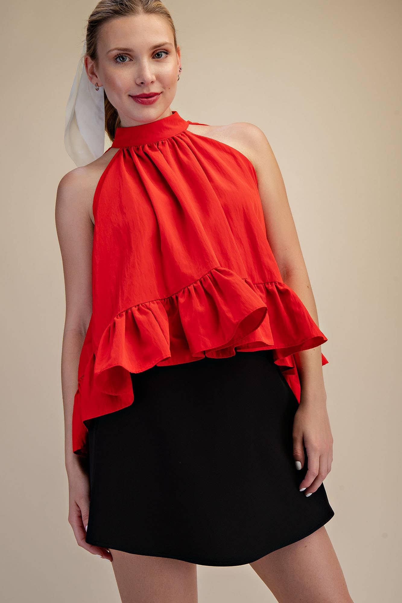 Halter Neck Sleeveless Back Neck Tie Ruffle Top: Hot Pink / L