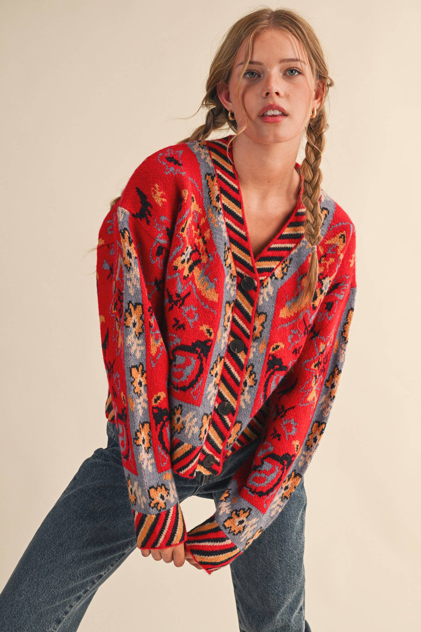 PAISLEY KNIT SWEATER CARDIGAN MSW11102: Ivory Coral Multi / M