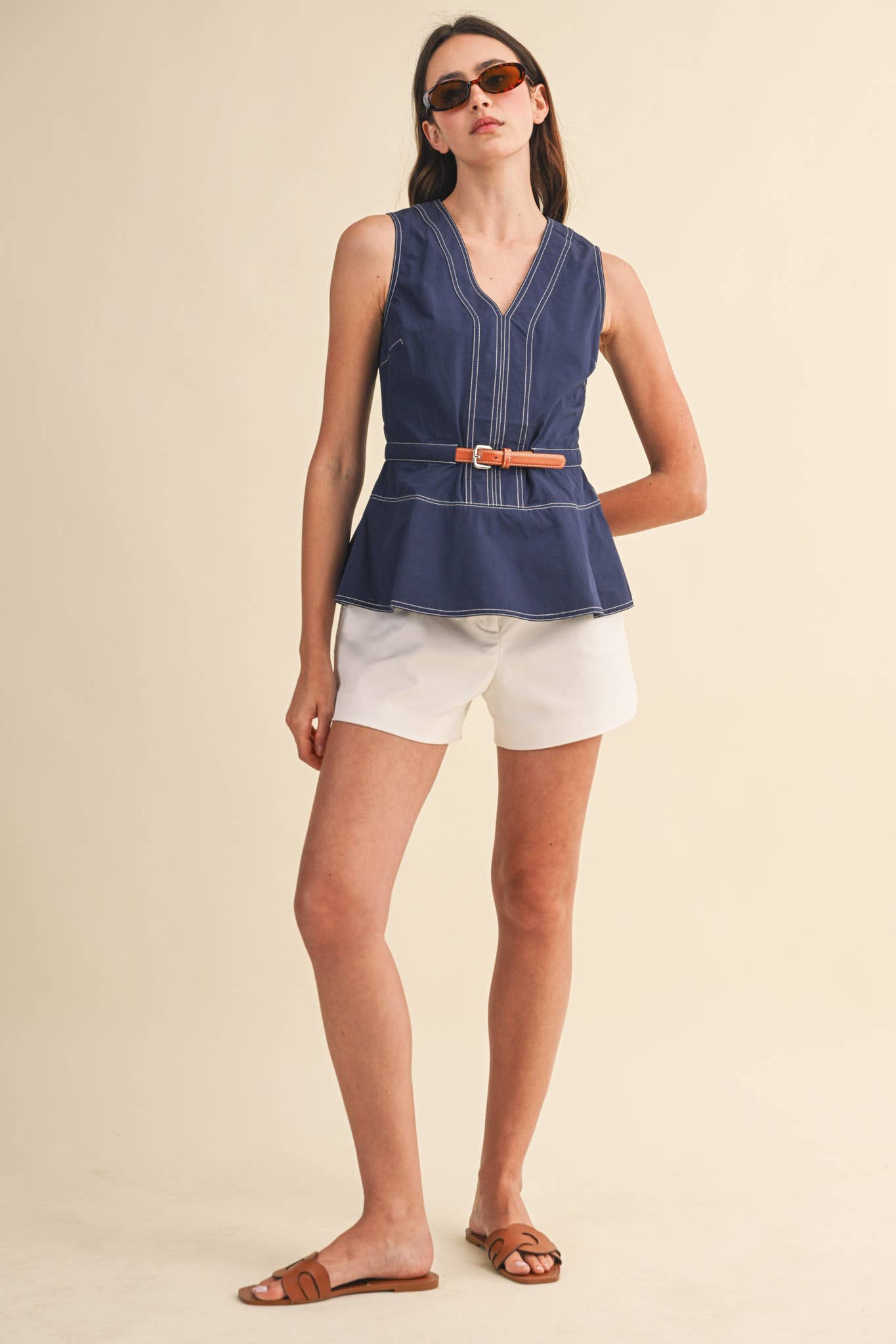 SLEEVELESS BELTED PEPLUM TOP MTP4684: OFF WHITE / S