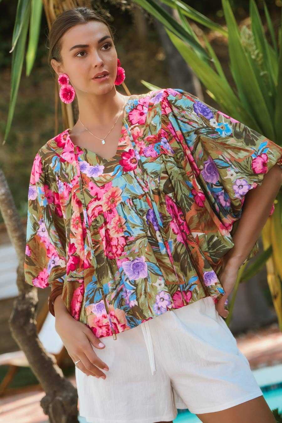 Printed Blouse With Wide Bubble Sleeve: Olive Garden / M