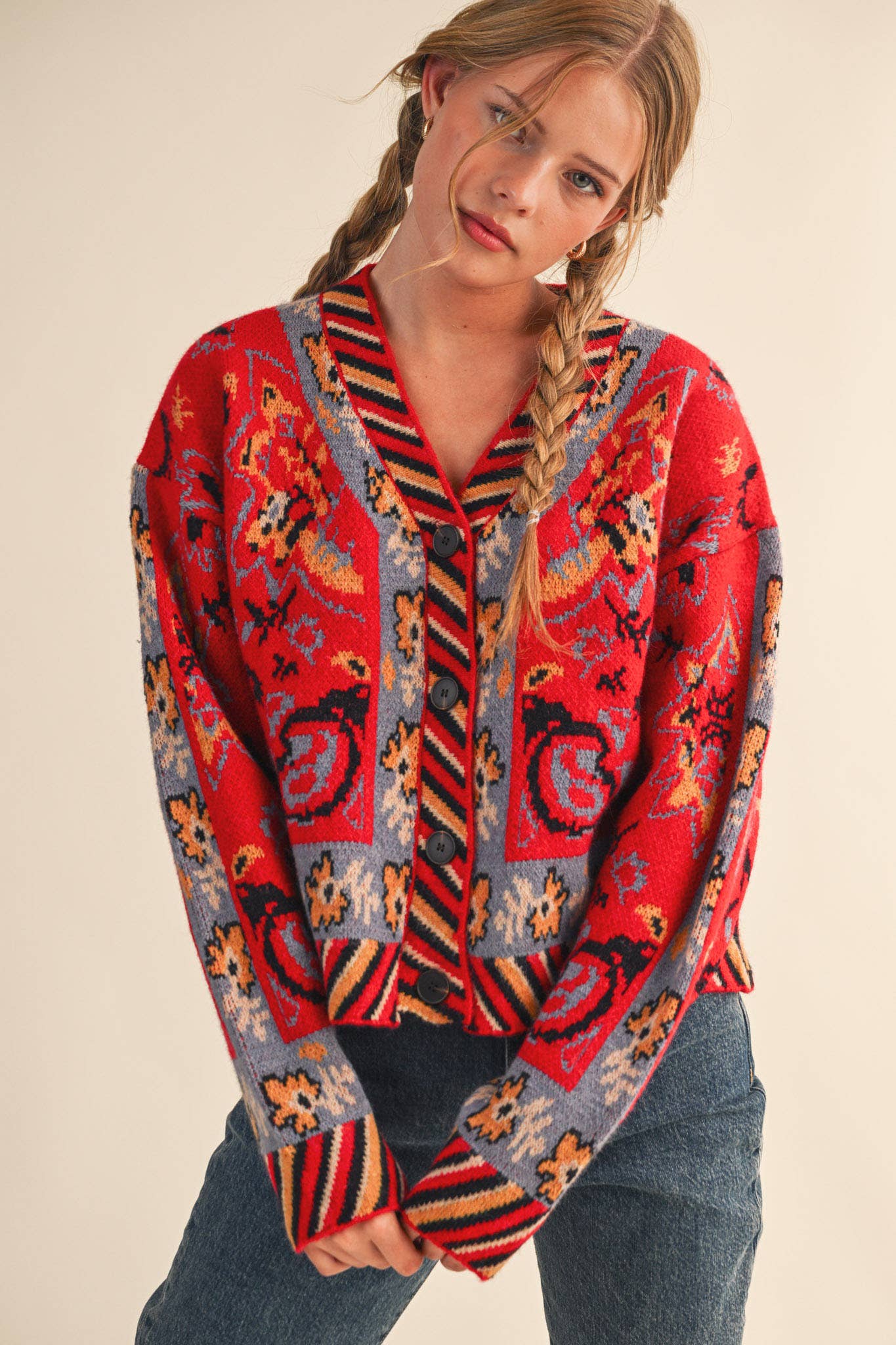 PAISLEY KNIT SWEATER CARDIGAN MSW11102: Ivory Coral Multi / L