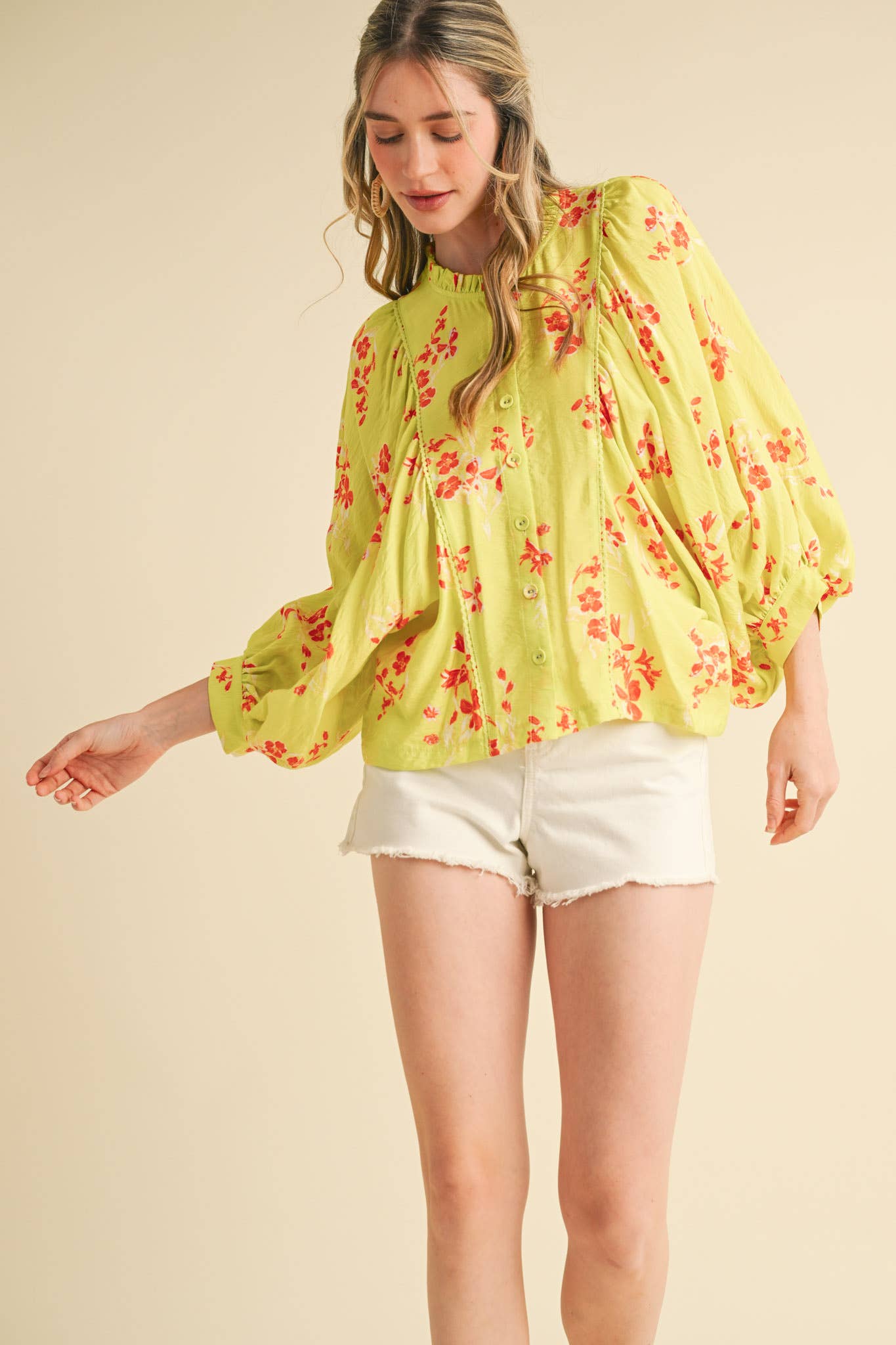 EXCLUSIVE PRINT FLORAL DOLMAN SLEEVE BLOUSE MTP3871: Electric Blue Floral / M