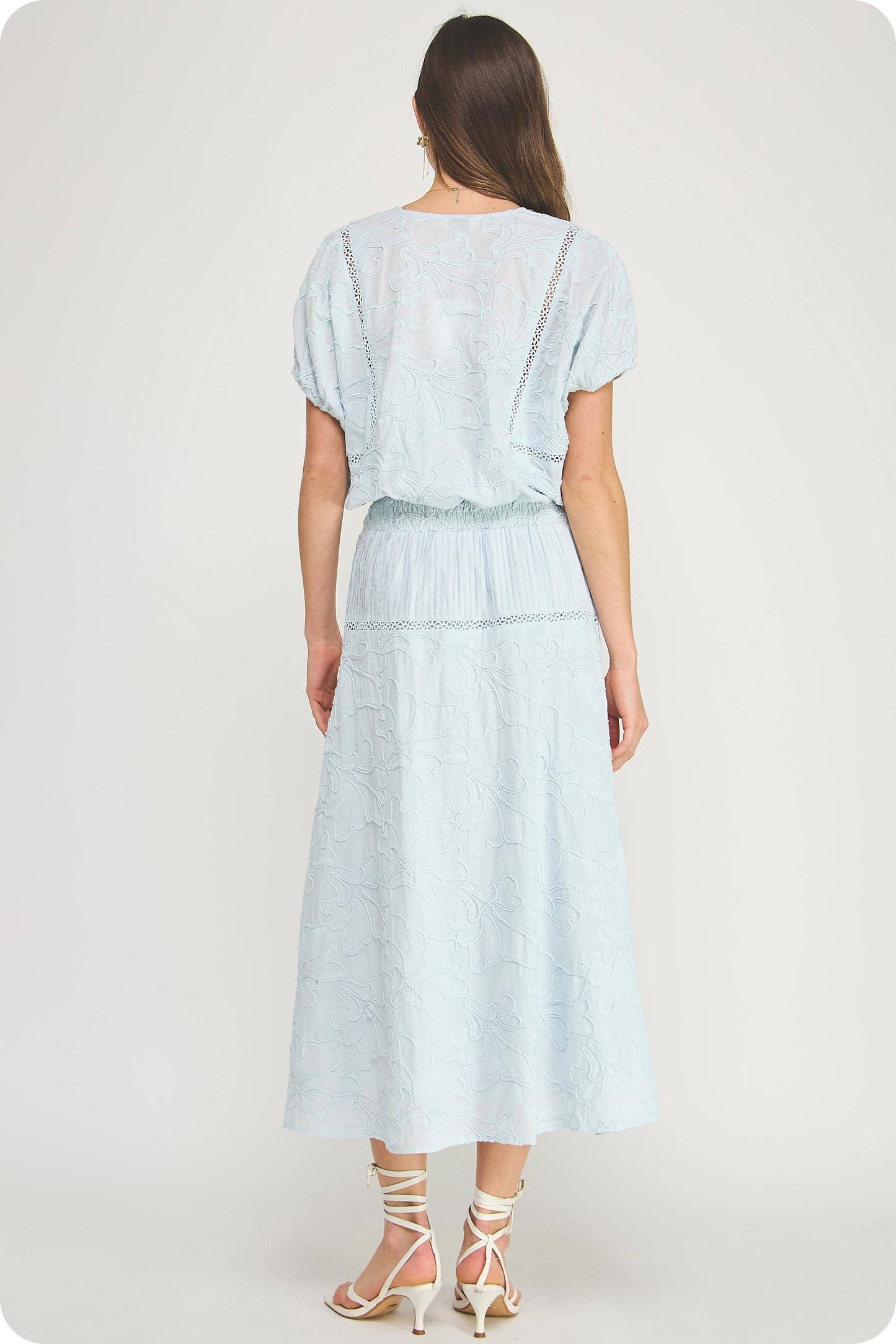 Floral Embroidery Cotton Lace Trim Skirt Top Set: Crystal Blue / M