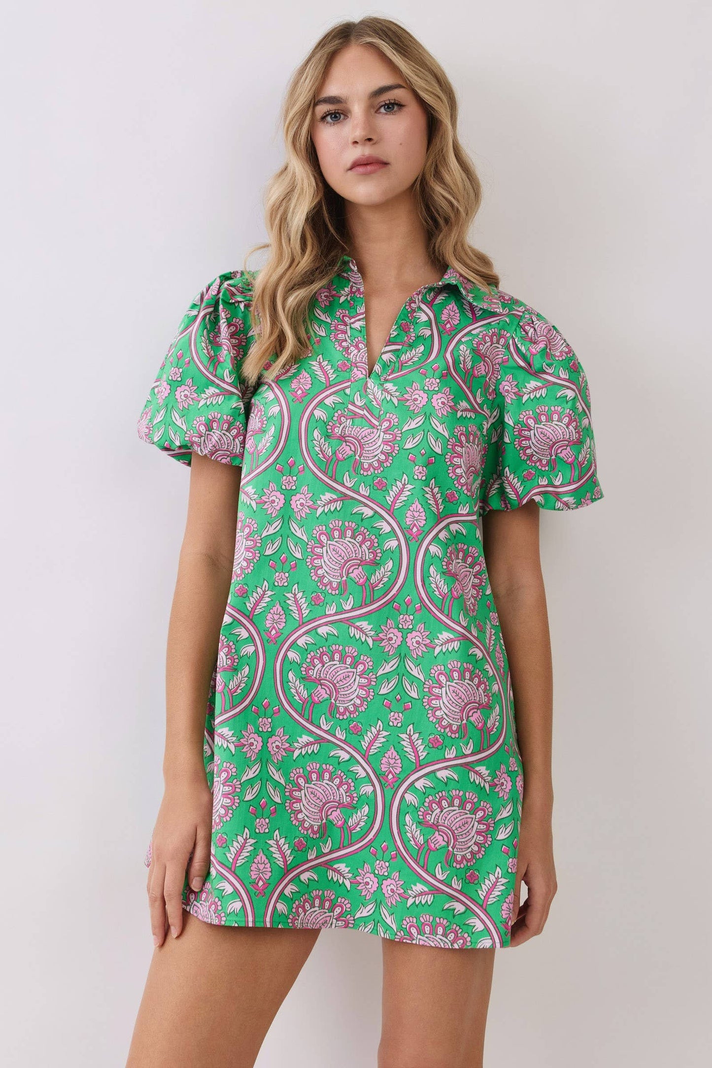 CD07213-Paisley Print Puff Sleeve Mini Dress: Green / L