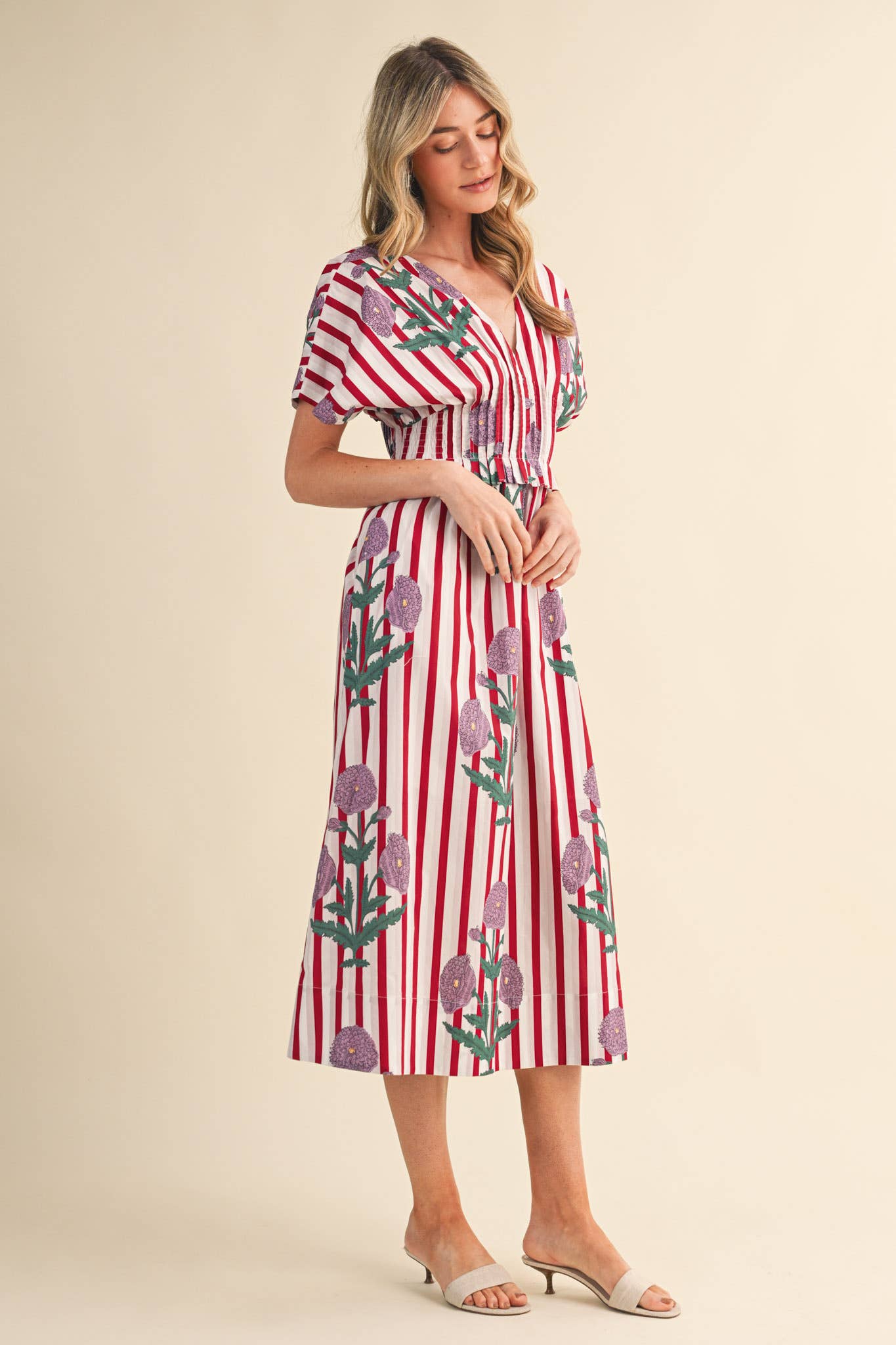STRIPED FLORAL PIN TUCK WAIST MIDI DRESS MDR4787: BLUE FLORAL STRIPE / S