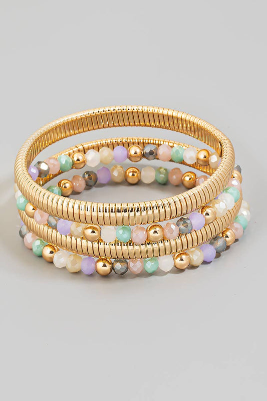 Mixed Beads And Metallic Coil Elastic Bracelet Set: LMULTIGD