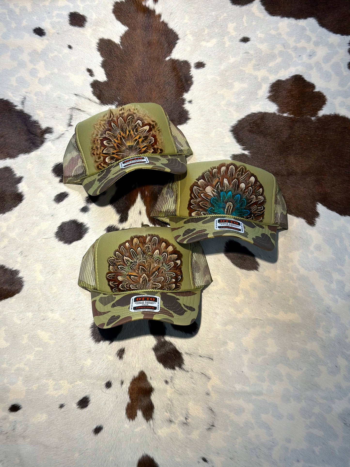 GREEN CAMO CAMOUFLAGE FEATHER TRUCKER HAT: With Faux Turquoise / Feather 8