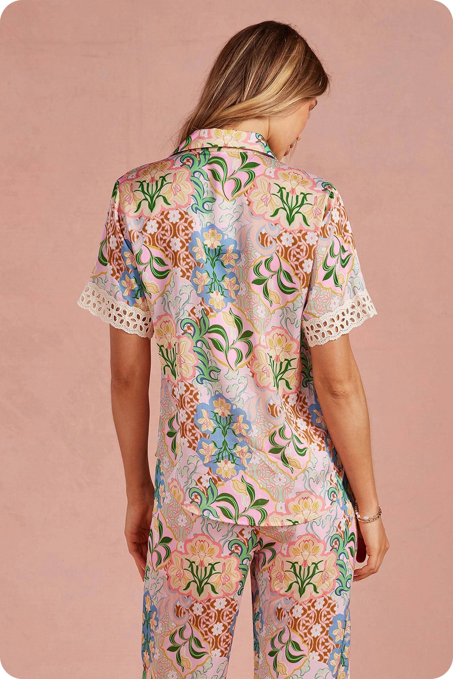 Garden Party Crochet Contrast Trim Satin Shirt: Multi / L