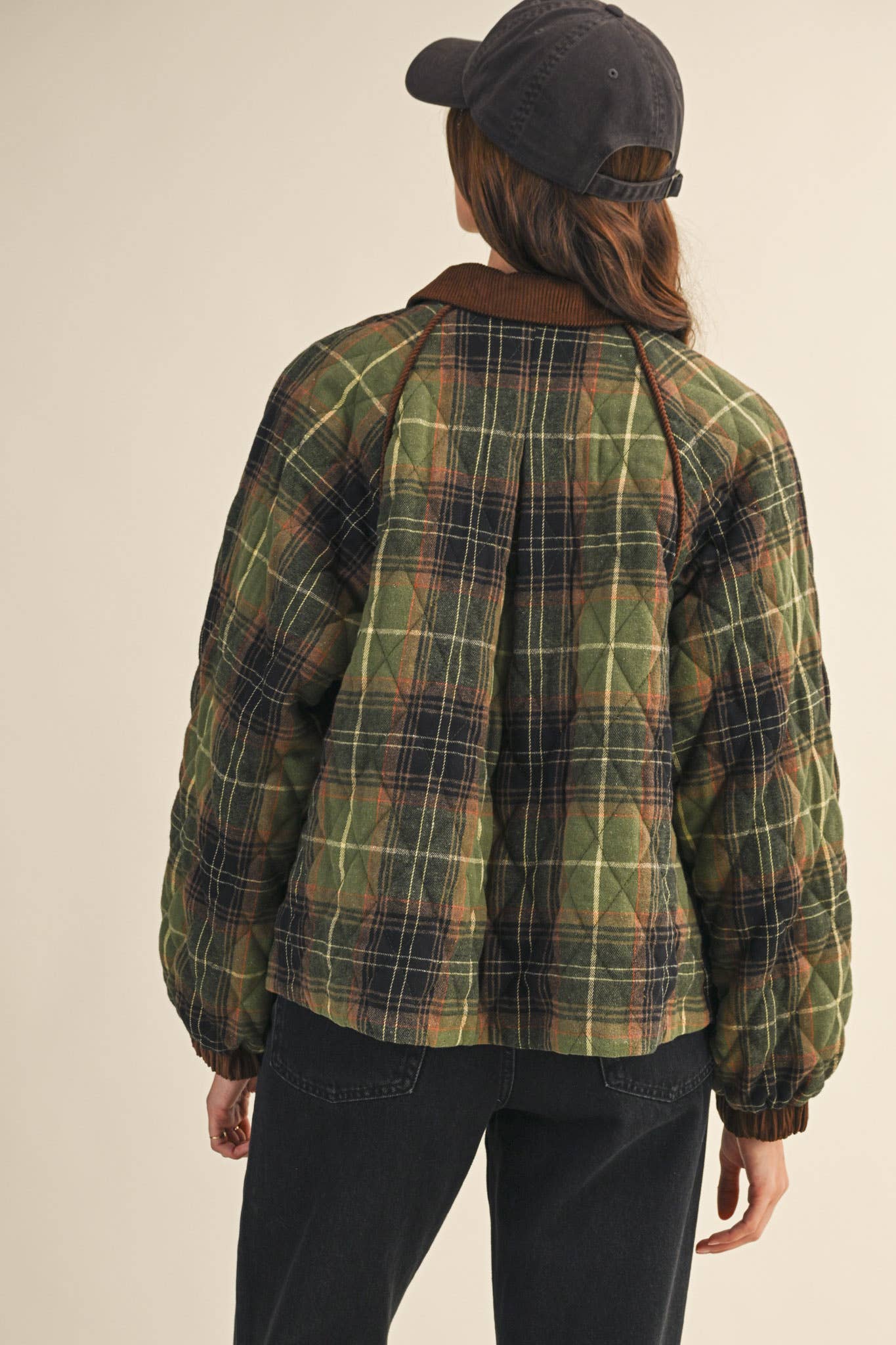 PLAID QUILTED JACKET WITH CONTRAST CORDUROY DETAIL MJK4115: Olive Multi Plaid / M