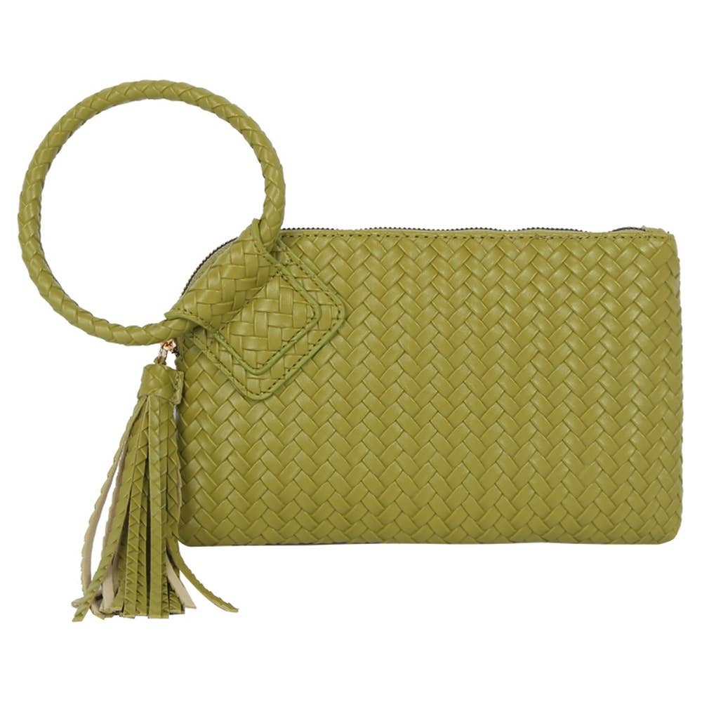 Faux Leather Woven Fringe Cuff Handle Clutch Bag: TN