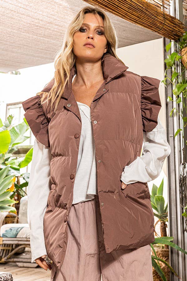 IT1813 Ruffle Sleeve Down Vest: DUSTY PINK / S-M-L (2-2-2)