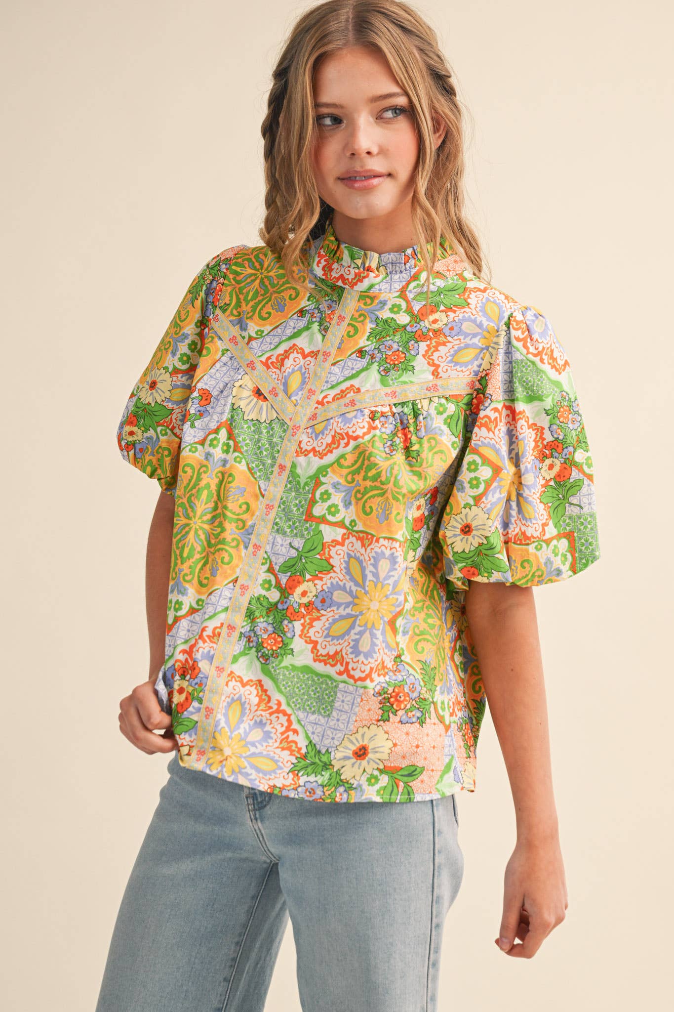 EXCLUSIVE FLORAL PRINT EMBROIDERY TRIM TOP MTP4610: ORANGE MULTI PAISLEY / M