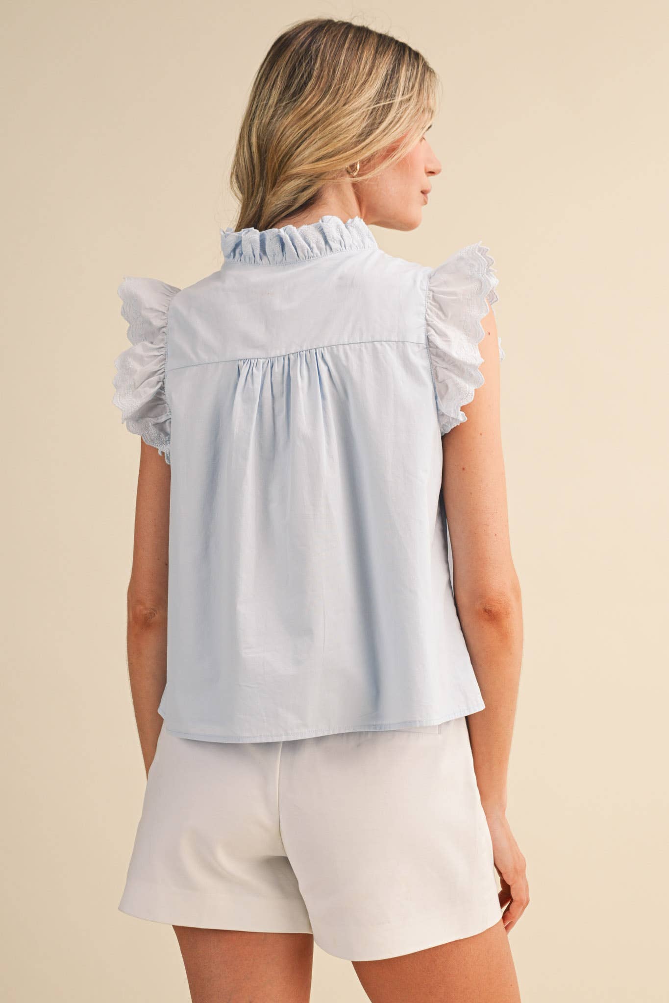 LACE TRIM RUFFLED BUTTON DOWN TOP MTP4764: LEMON DROP / S