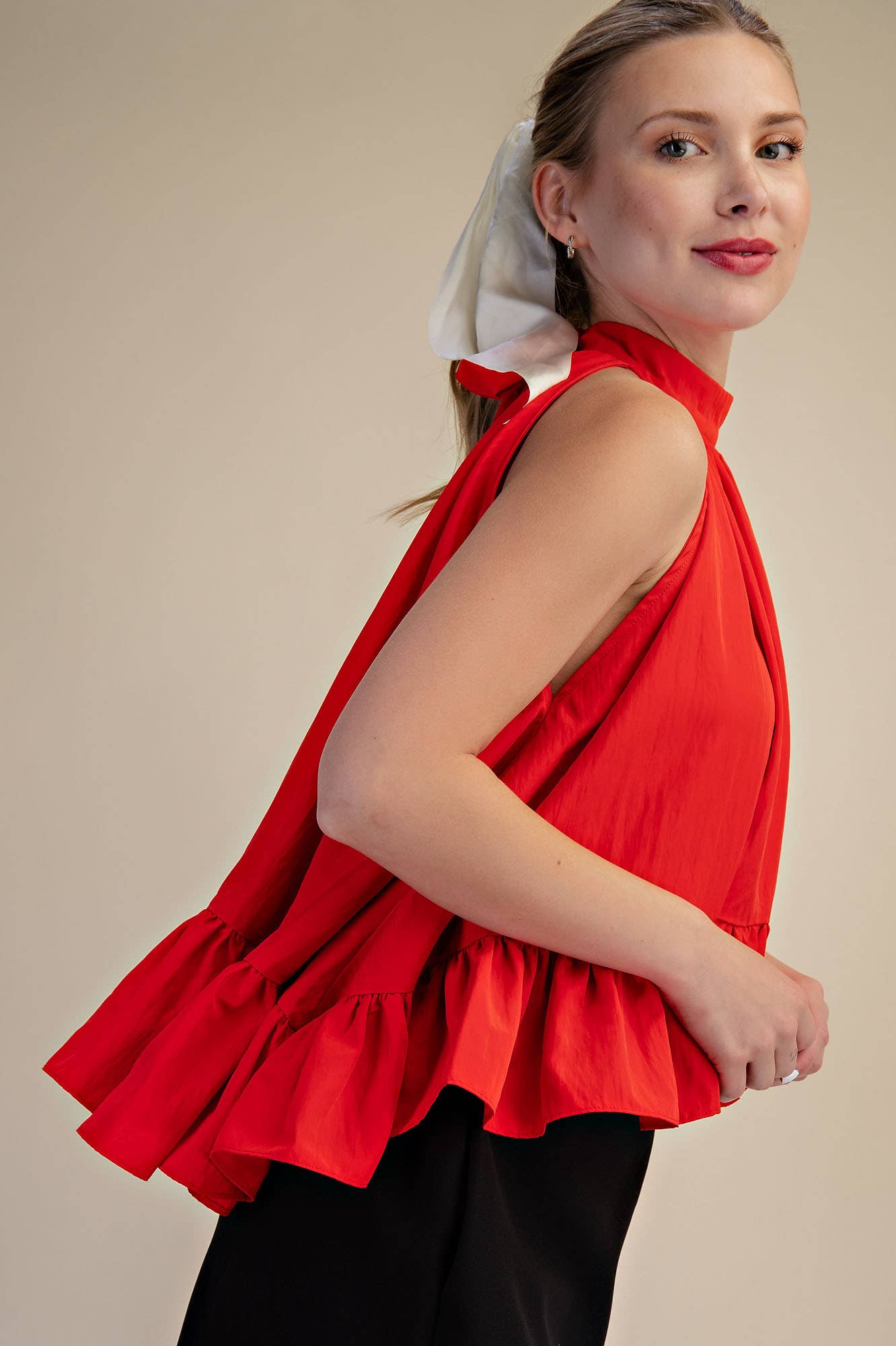 Halter Neck Sleeveless Back Neck Tie Ruffle Top: Hot Pink / M