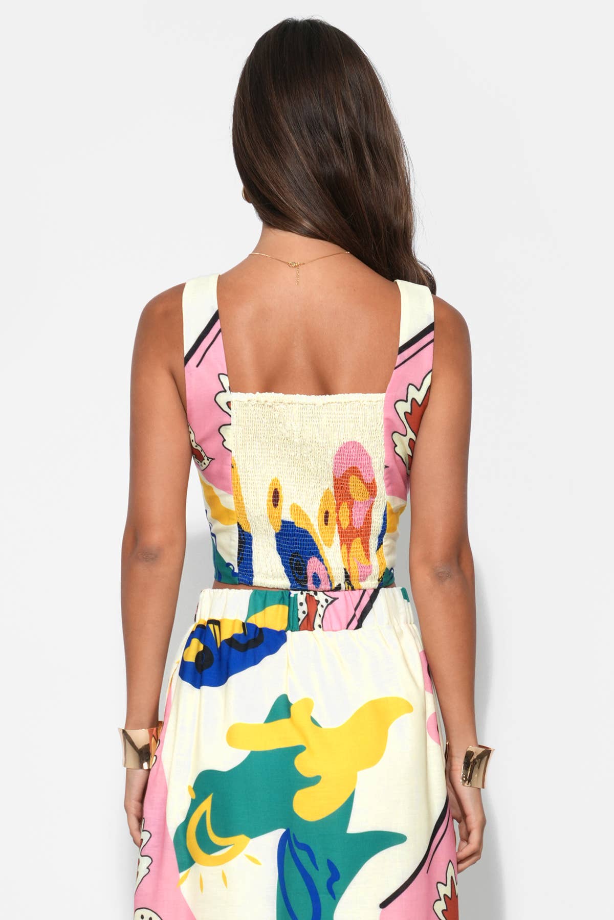 Kylie Square Neck Smocked Back Printed Top: Yellow/Bleu / M